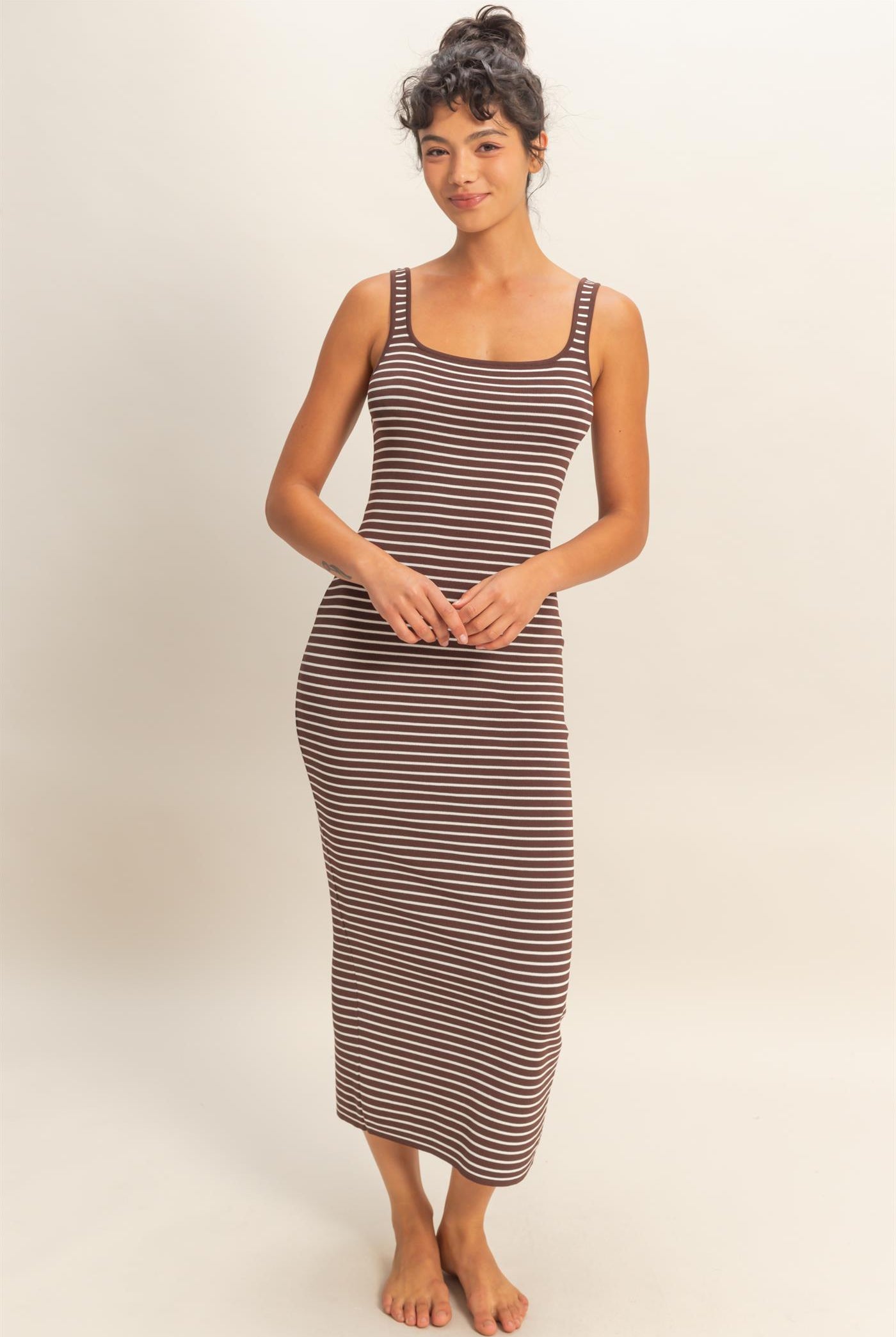 Wholesale Striped Bodycon Midi Dress With Back Slit Dresses DZ26C340 CHOCOLATE DOUBLE ZERO