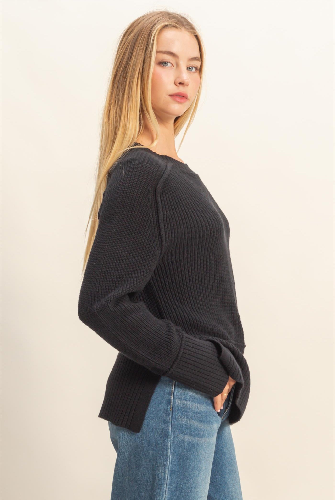 Wholesale Ragaln Long Sleeve Side Slit Sweater Sweaters DZ25E812 BLACK DOUBLE ZERO