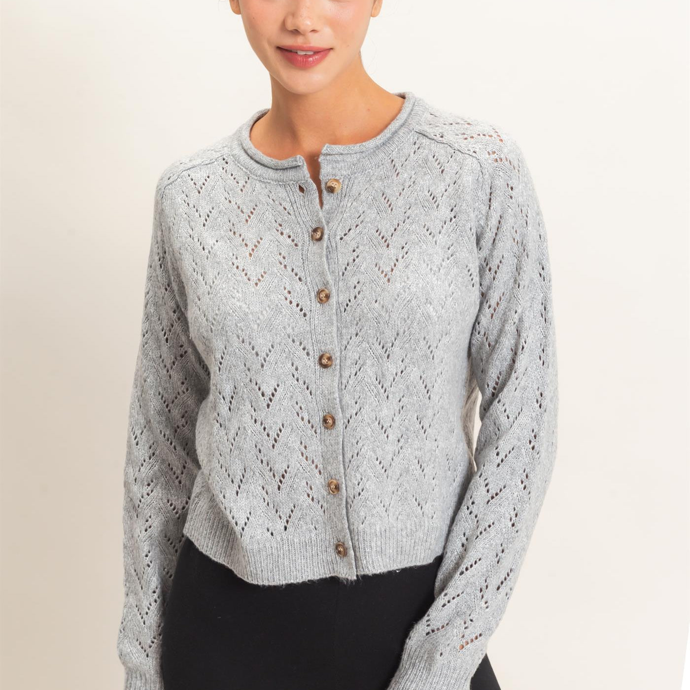 Wholesale Pointelle Knit Button Front Cardigan Cardigans DZ26C978 HEATHER GRAY DOUBLE ZERO