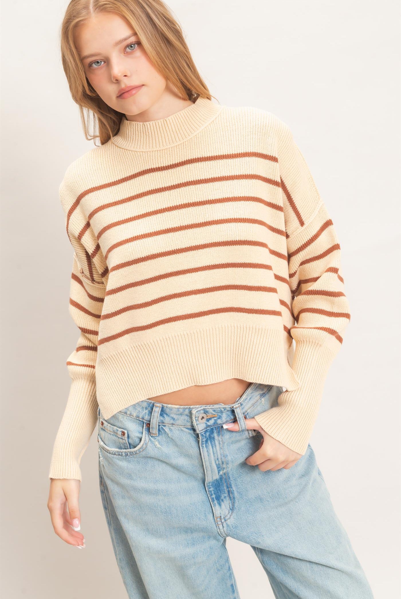 Wholesale Striped Mock Neck Cropped Sweater Sweaters HF26F192 BROWN HYFVE