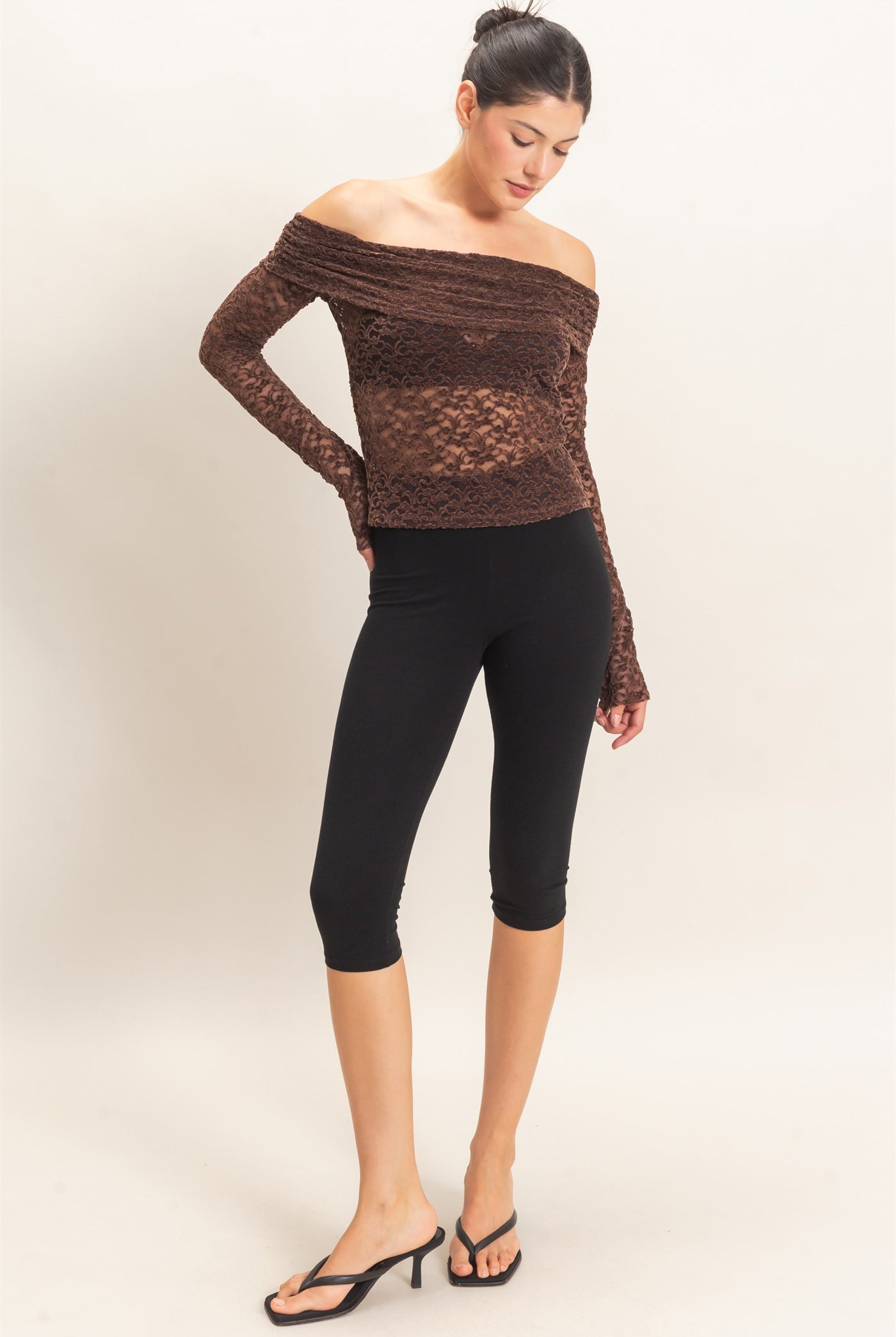 Wholesale Off-Shoulder Lace Top Clothing Tops HF26E407 CHOCOLATE HYFVE