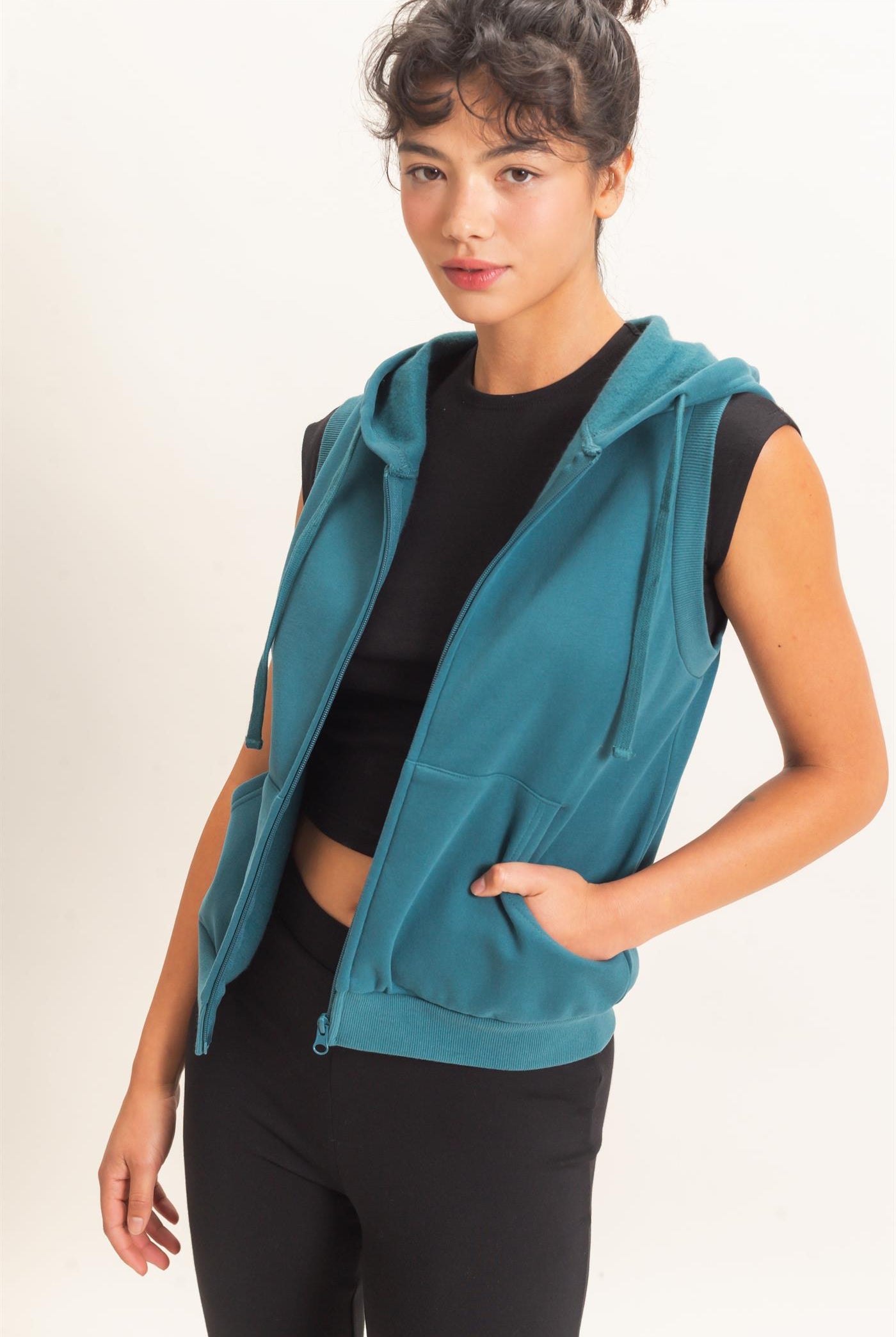 Wholesale Sleeveless Zip Up Hoodie Hoodies DZ26E330 DARK TEAL DOUBLE ZERO