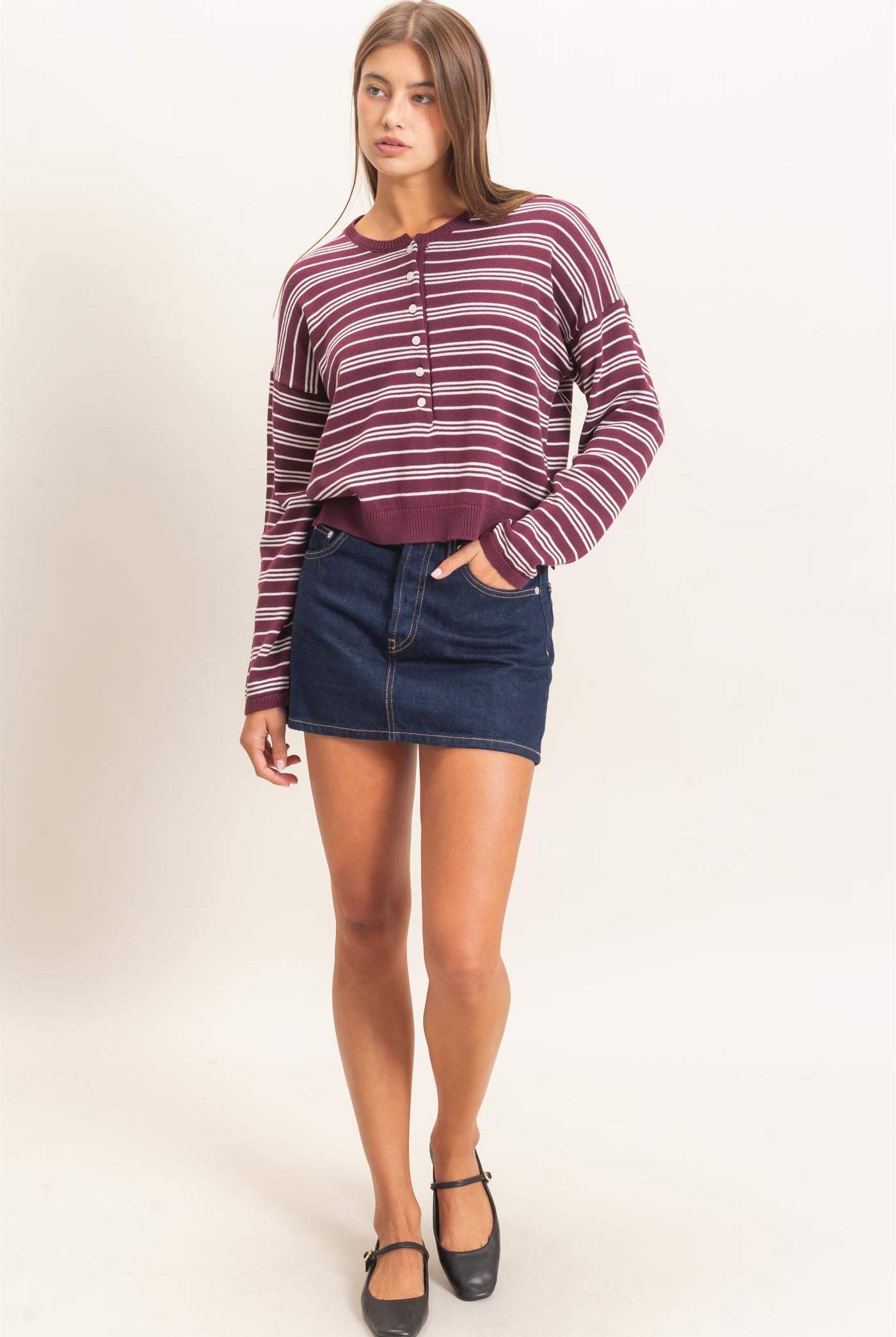 Wholesale Striped Henley Sweater Sweaters DZ26E113 DARK CHERRY DOUBLE ZERO