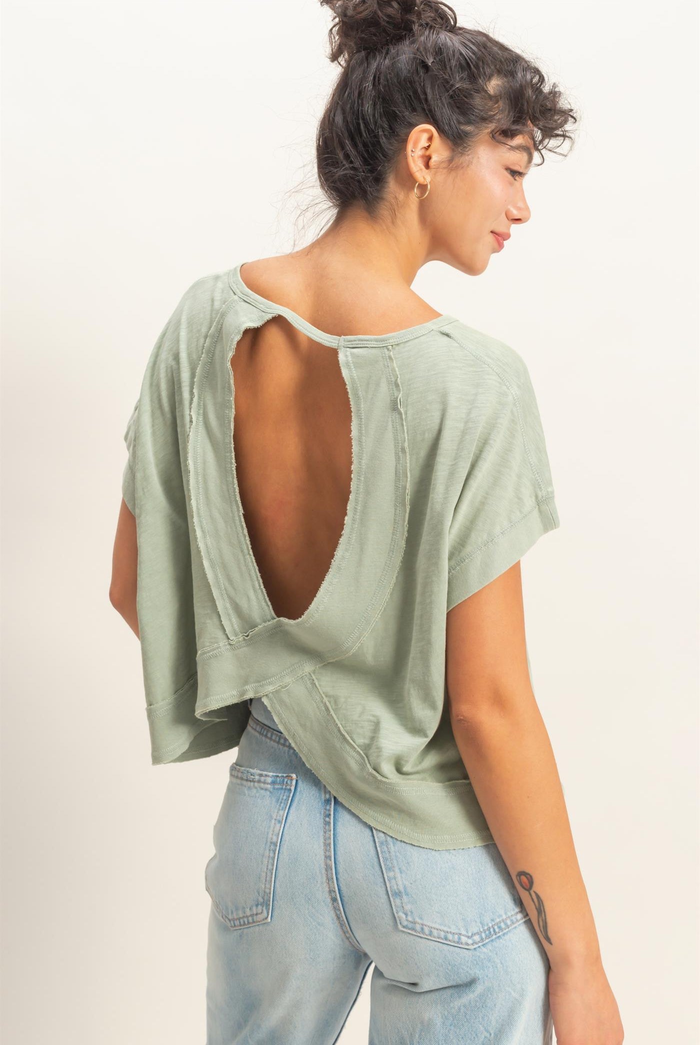 Wholesale Acid Wahsed Cross Detail Open Back Top Clothing Tops DZ26A225 SAGE GREEN DOUBLE ZERO