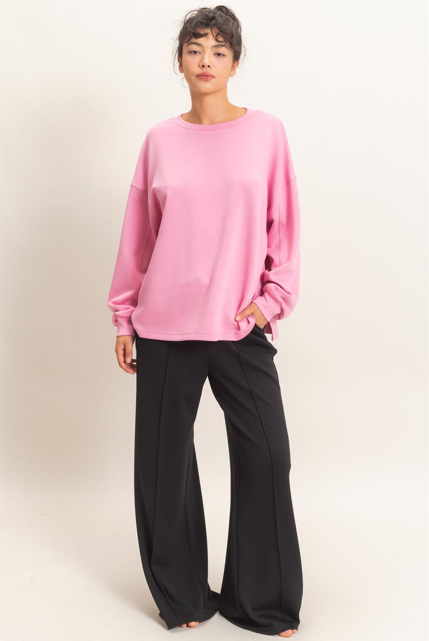 Wholesale Drawstring Waist Pintuck Wide Leg Pants Pants DZ26E384 BLACK HYFVE