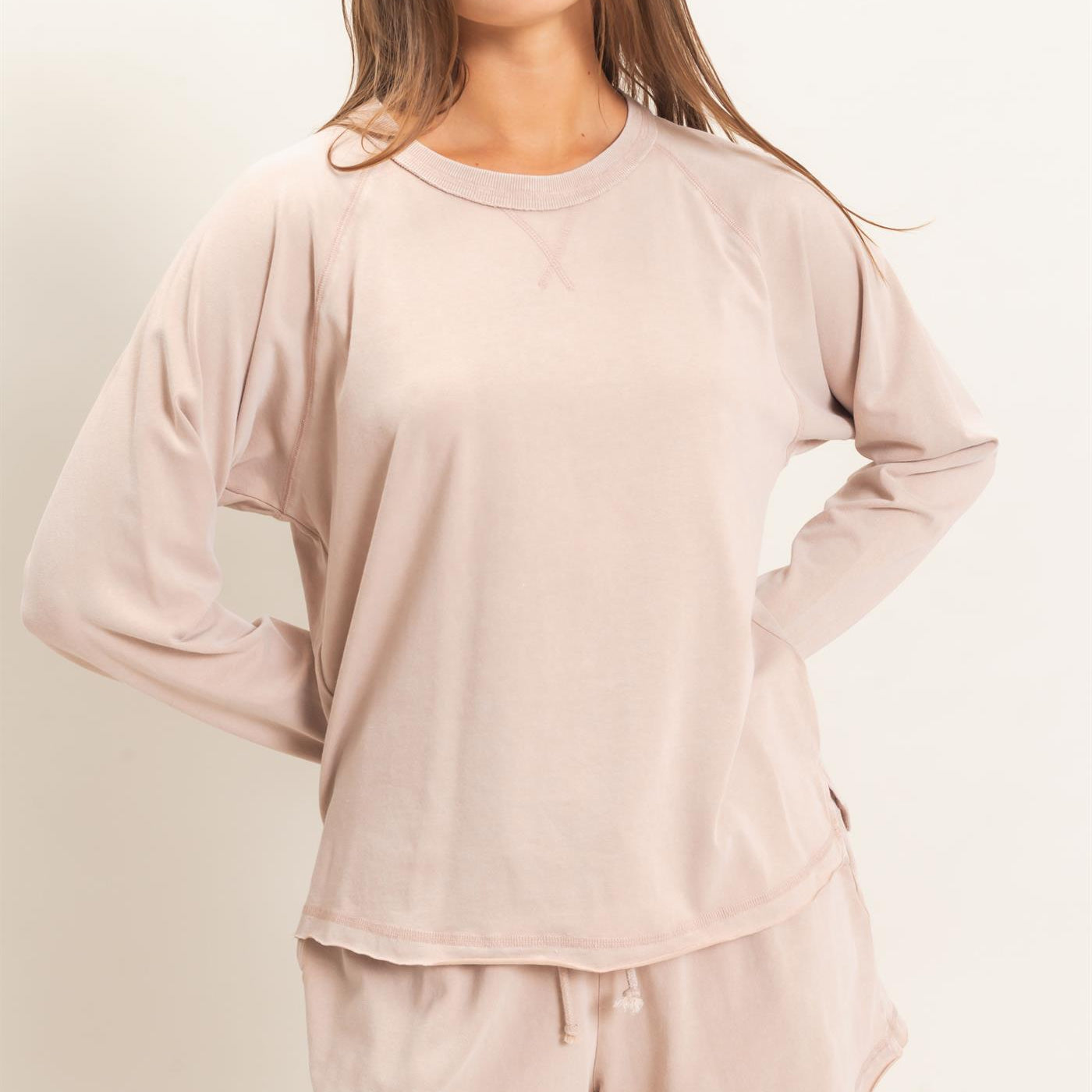 Wholesale Mineral Wash Long Sleeve Raw Edge Top & Shorts Set Clothing DZ26F403-SET DARK TAUPE DOUBLE ZERO