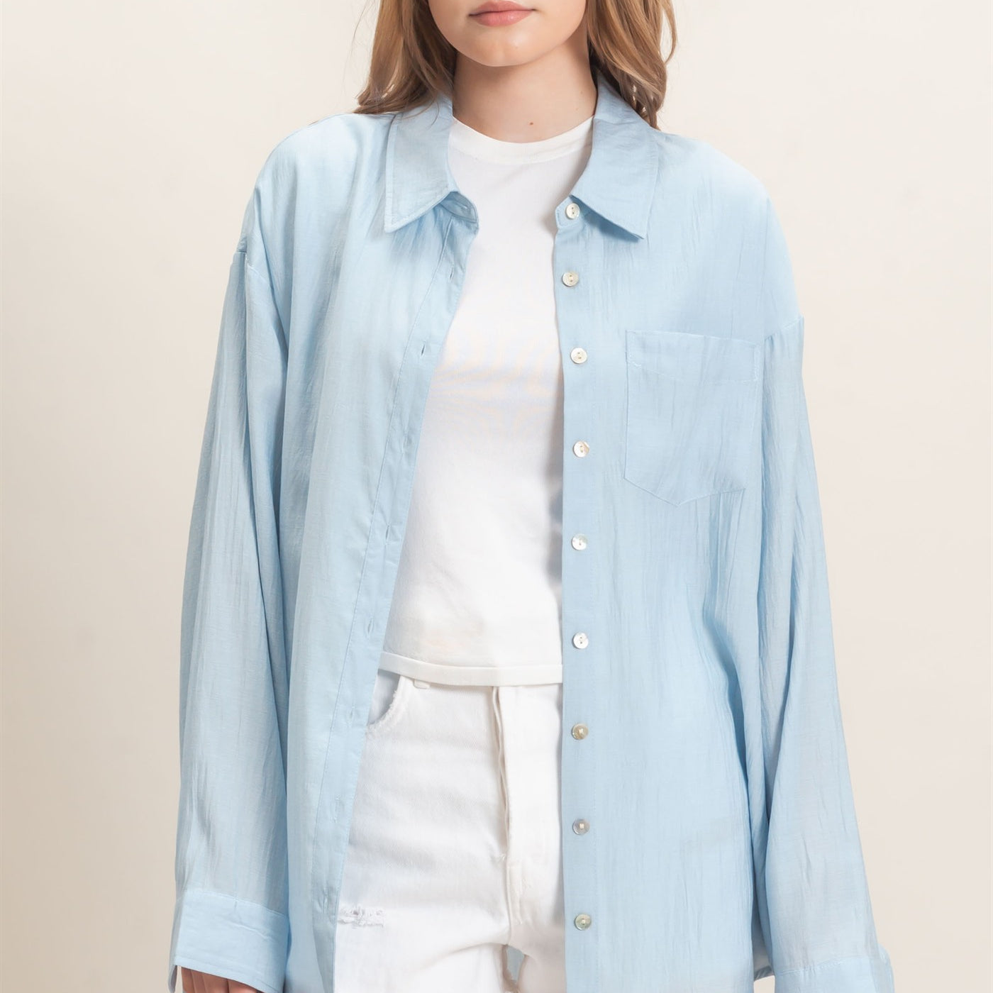 Wholesale Crinkled Button-Up Shirt Clothing Tops HF26E691 LIGHT BLUE HYFVE