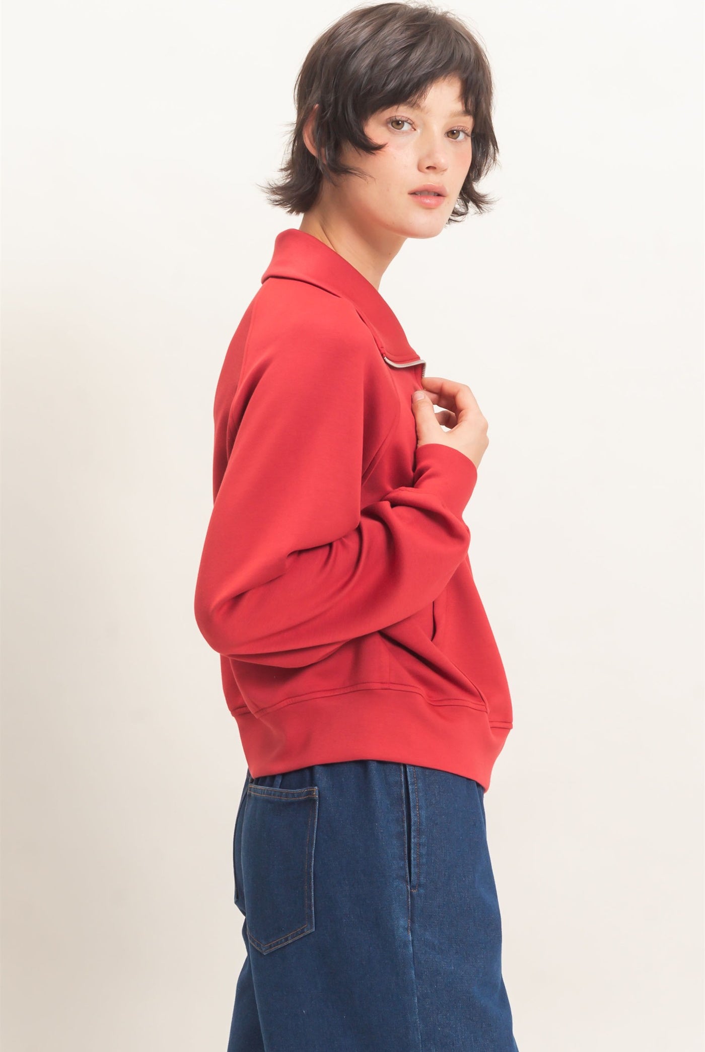 Wholesale Half-Zip Collar Raglan Pullover Sweatshirts DZ26C967 DARK RED DOUBLE ZERO