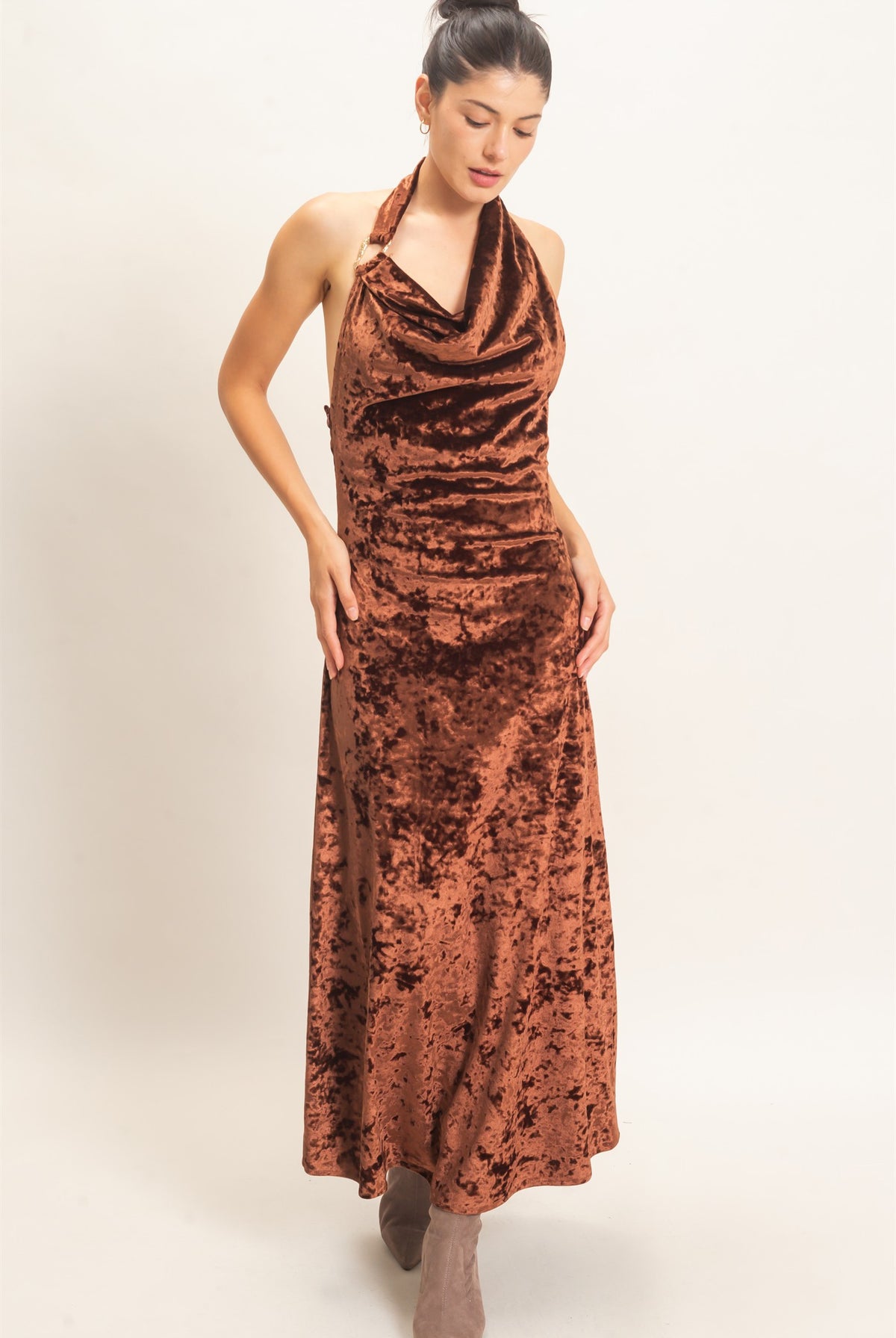 Wholesale Velvet Cowl Neck Halter Dress Dresses HF26F178 CHOCOLATE HYFVE