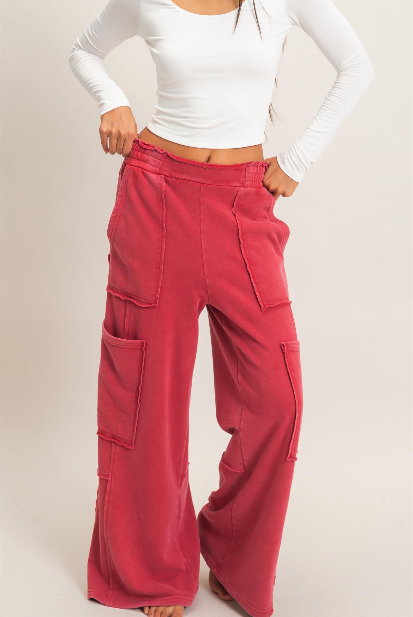 Wholesale Mineral Wash Cargo Pocket Pants Pants DZ26C963 DARK RED DOUBLE ZERO