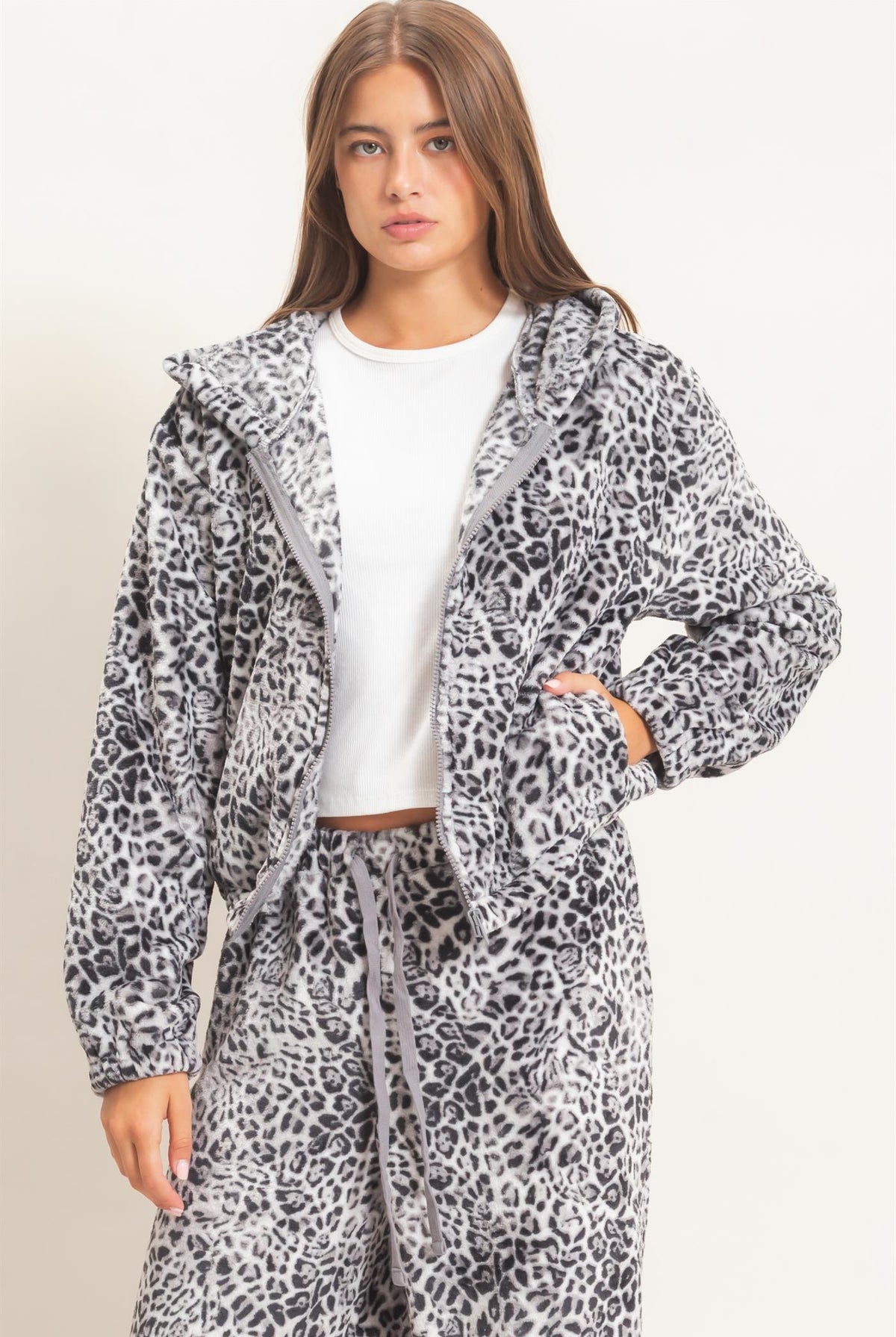 Wholesale Leopard Fleece Zip-Up Hoodie Hoodies DZ26E831 GRAY DOUBLE ZERO