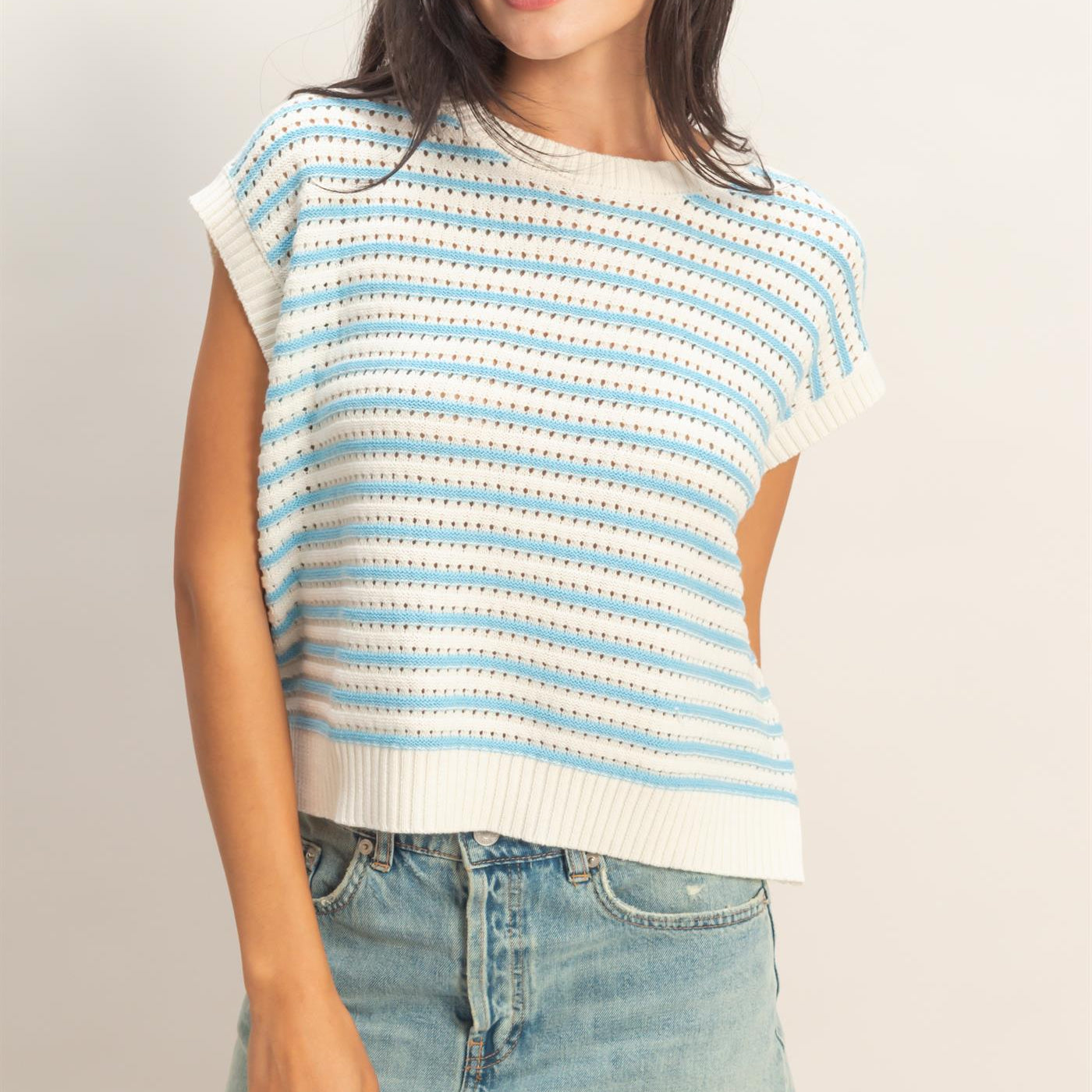 Wholesale Striped Sleeveless Crew Neck Top Sweaters DZ26A222 BLUE DOUBLE ZERO