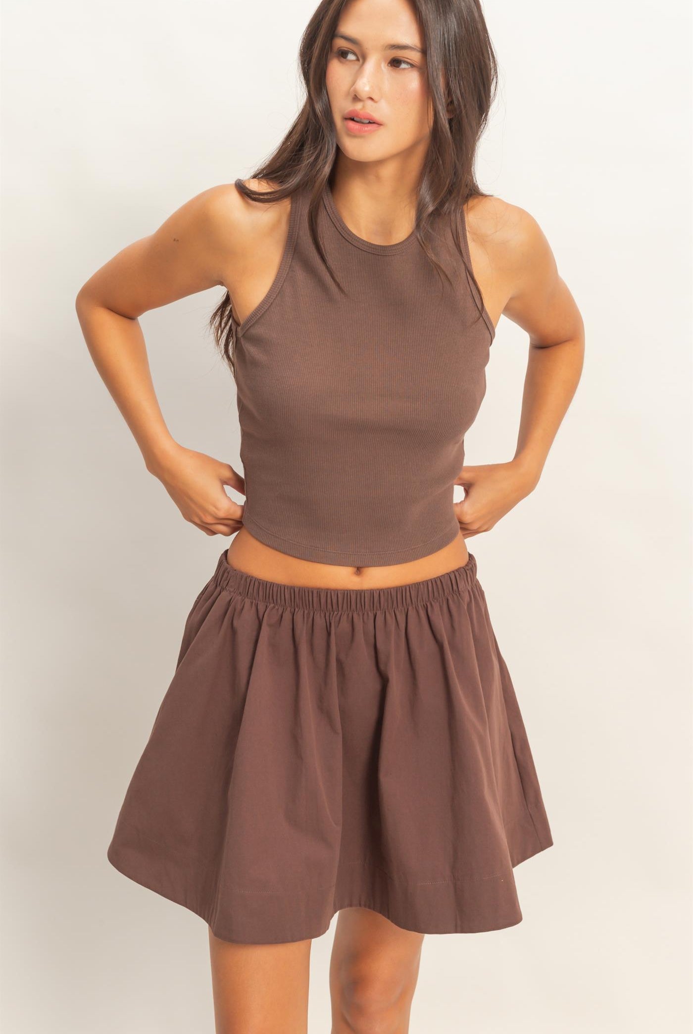 Wholesale Sleeveless Ribbed Top And Skirt Set Clothing DZ26C346-SET CHOCOLATE DOUBLE ZERO