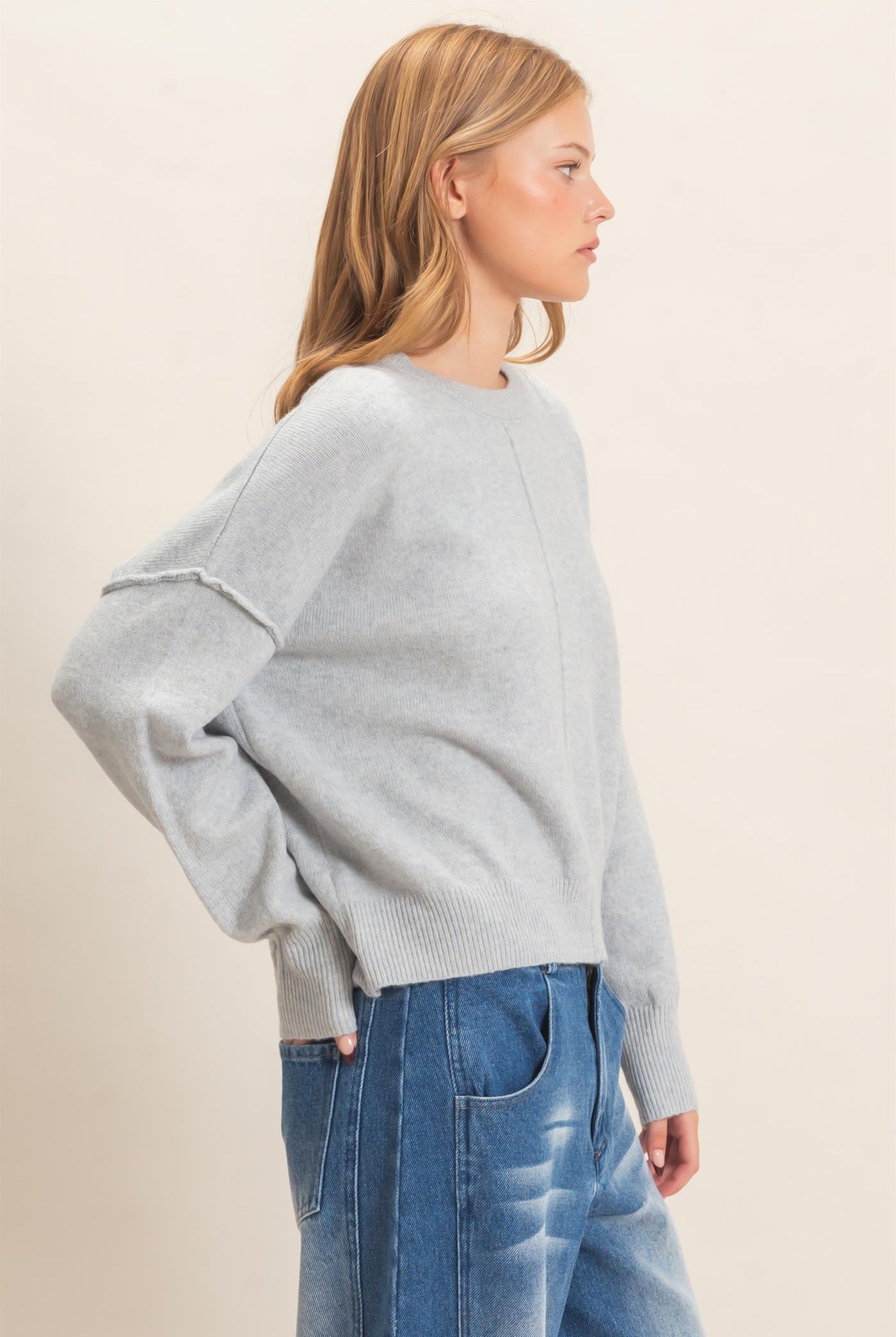Wholesale Crew Neck Sweater With Ribbed Hem Sweaters HF26E203-D MISTY BLUE HYFVE