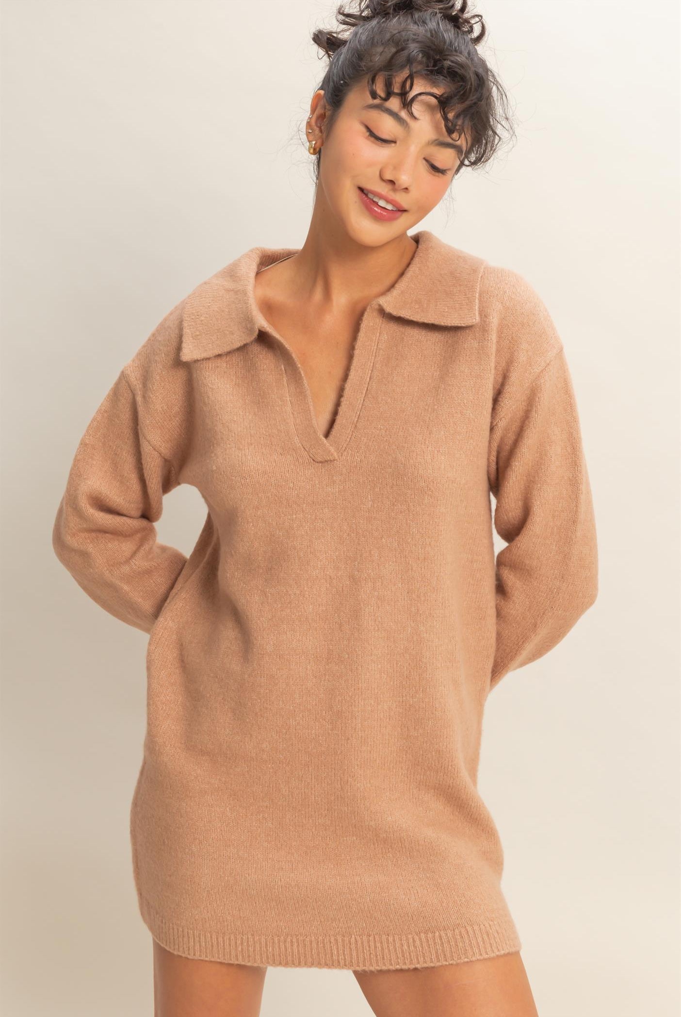 Wholesale Sophisticated Polo Long Sleeve Sweater Dress Dresses DZ25E838 DARK TAUPE DOUBLE ZERO