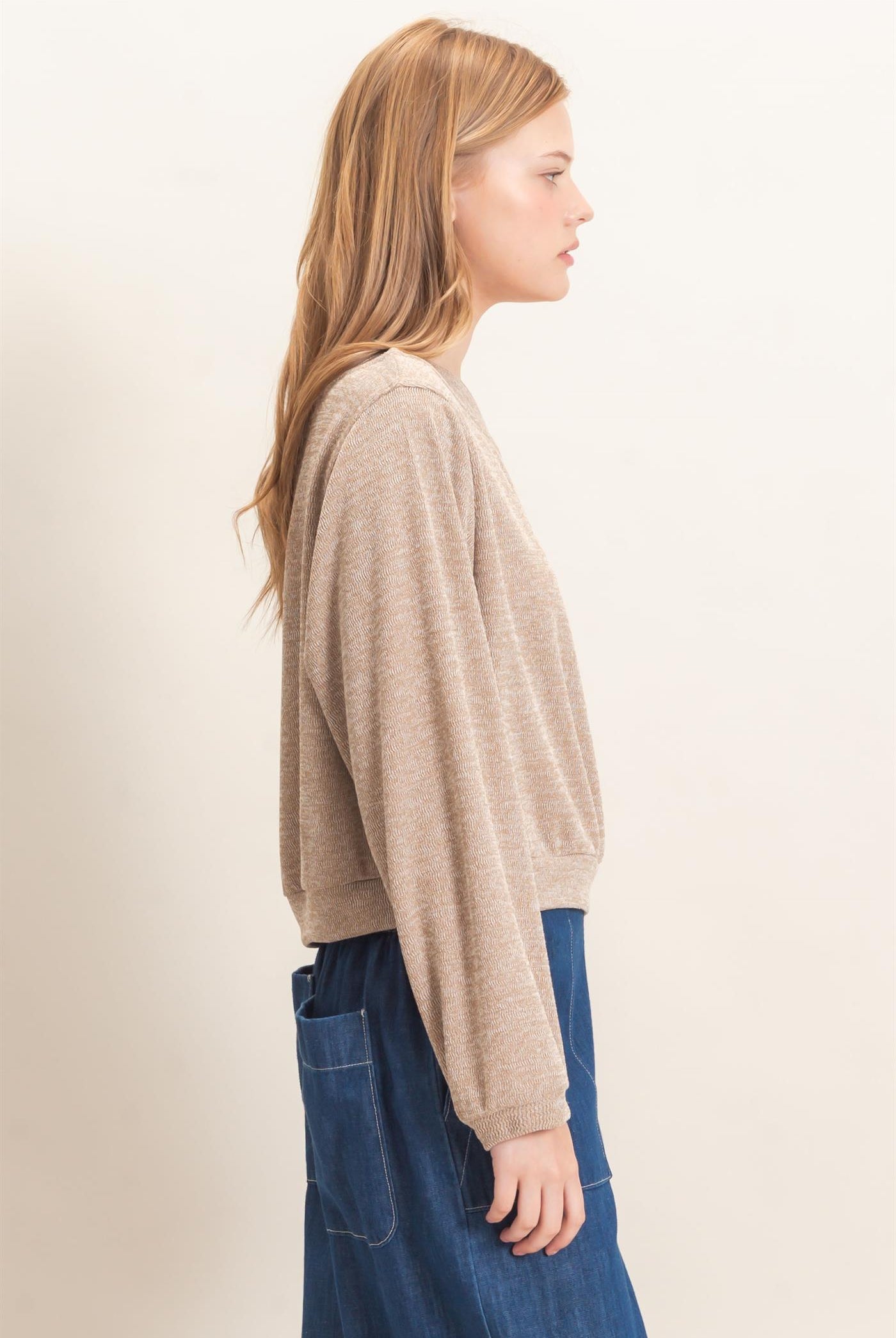 Wholesale Off Shoulder Knit Sweatshirt Blouses HF26F028 TAUPE HYFVE