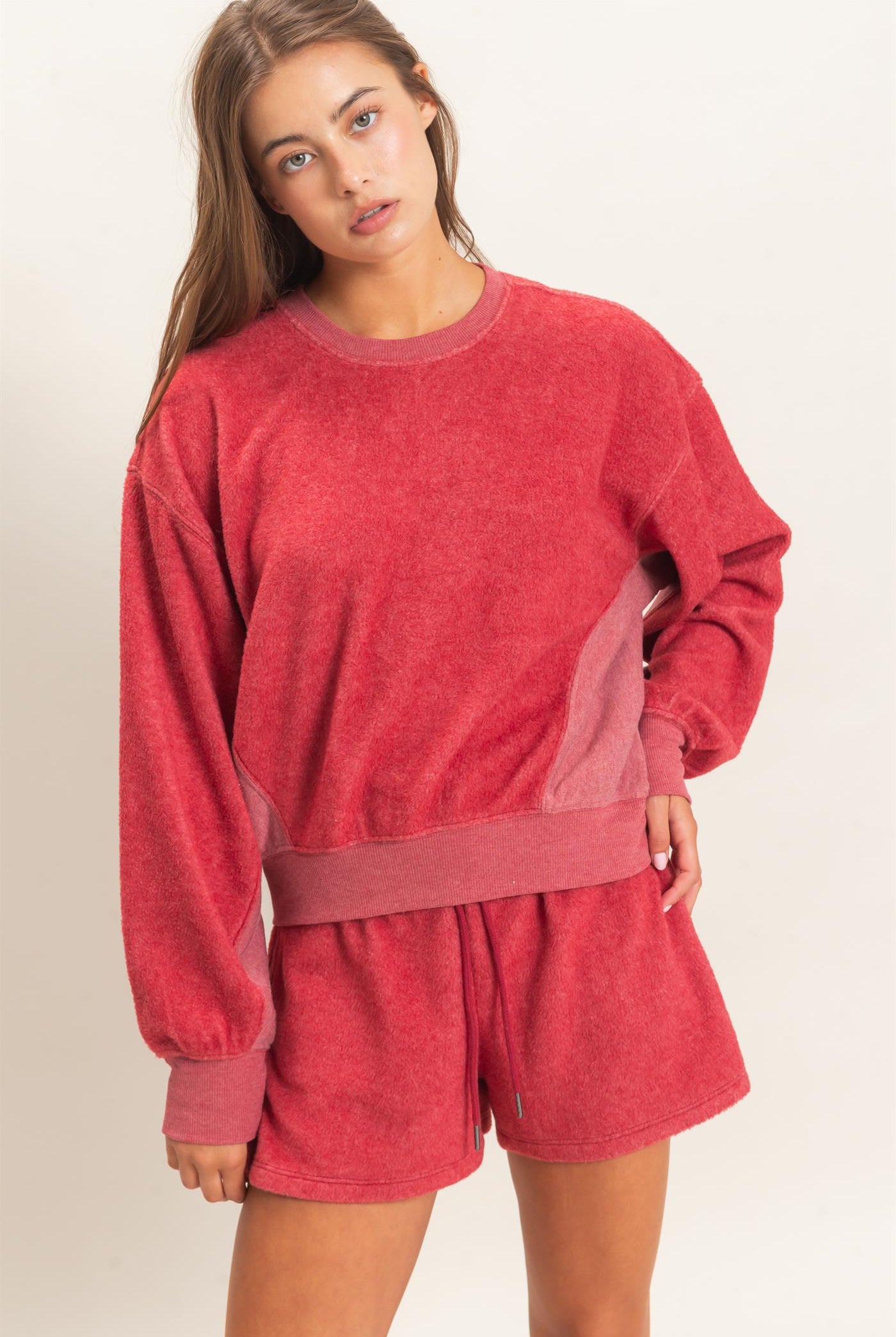 Wholesale Contrast Sweatshirt & Shorts Set Clothing DZ25F478-SET DARK RED DOUBLE ZERO