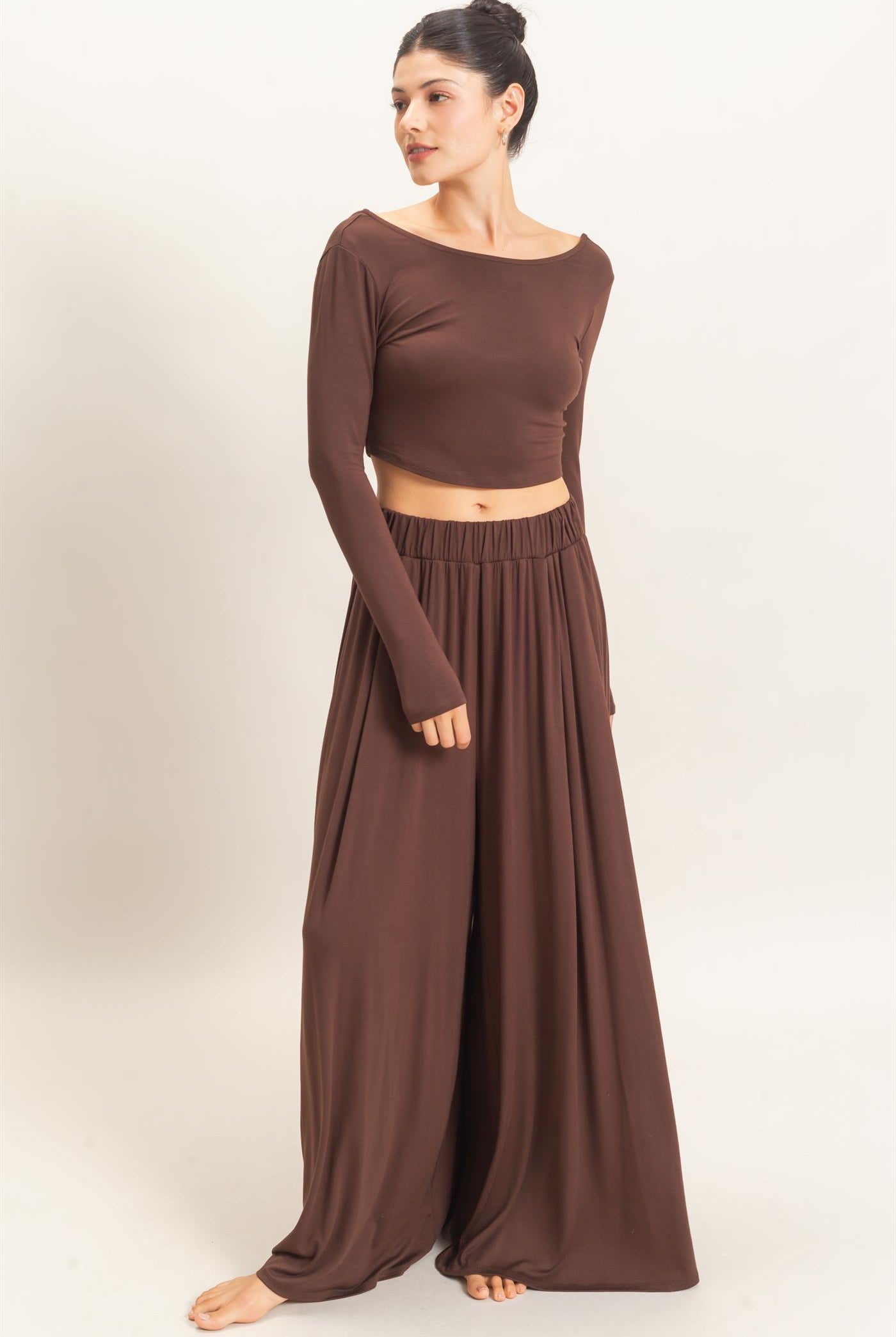 Wholesale Long Sleeve Top & Wide Leg Pants Set Clothing HF26F227-SET-D ESPRESSO HYFVE