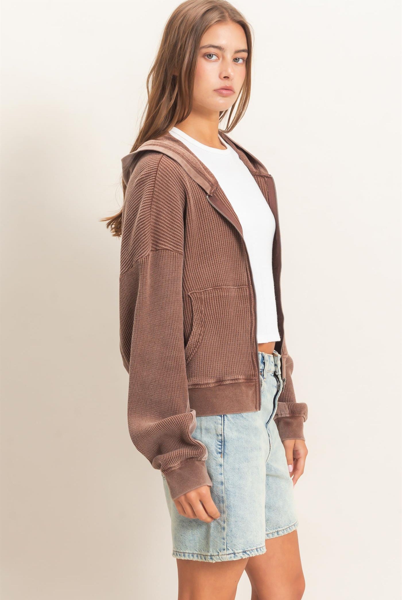 Wholesale Acid Wash Waffle Knit Zip-Up Hoodie Hoodies DZ26E401 DARK BROWN DOUBLE ZERO