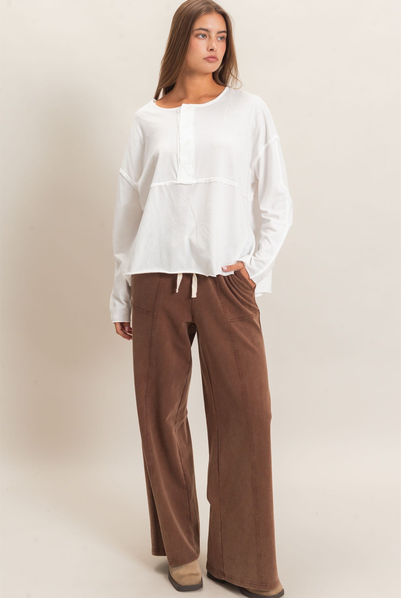 Wholesale Oversized Henley Top With Raw Edges Clothing Tops DZ26F128 WHITE DOUBLE ZERO