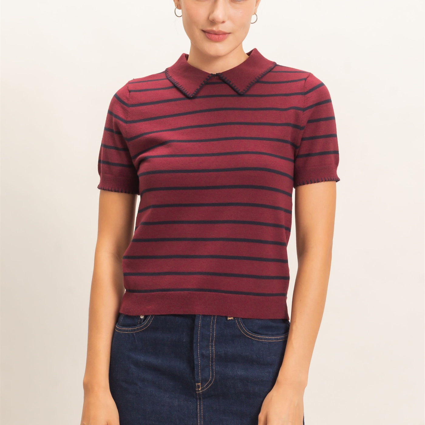 Wholesale Striped Polo Collar Sweater Sweaters HF26E233 BURGUNDY HYFVE