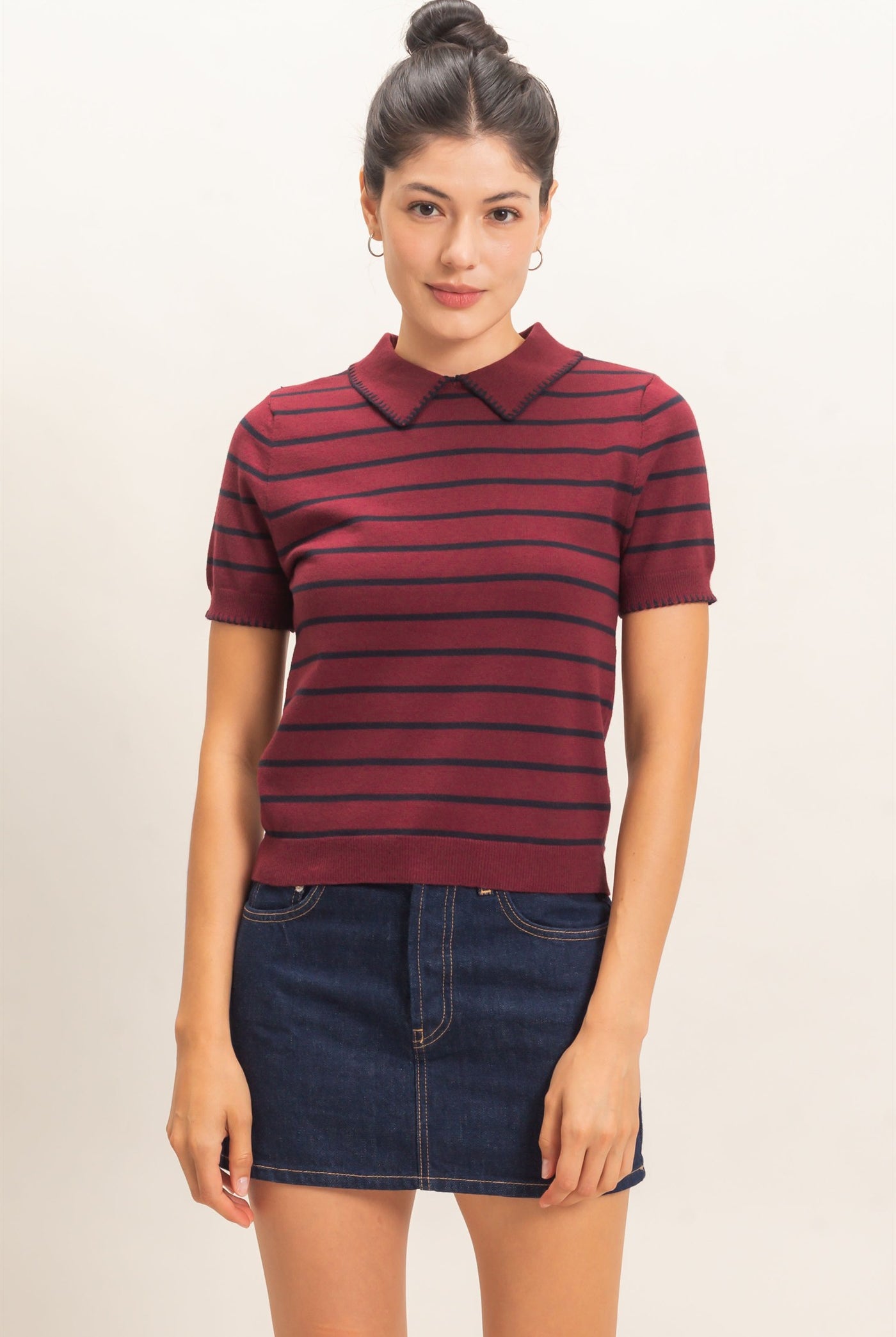 Wholesale Striped Polo Collar Sweater Sweaters HF26E233 BURGUNDY HYFVE