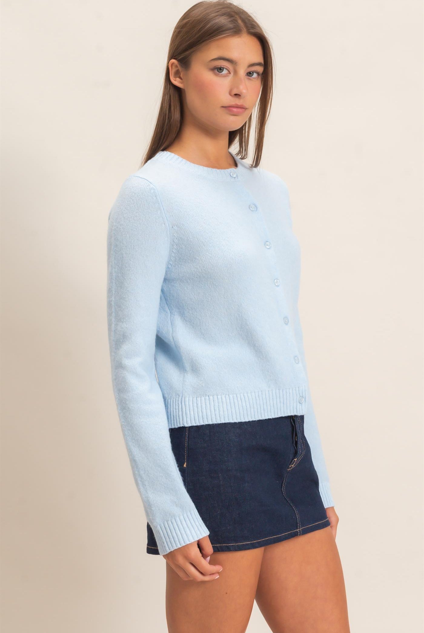 Wholesale Crew Neck Cardigan Cardigans DZ26E119 ICE BLUE DOUBLE ZERO
