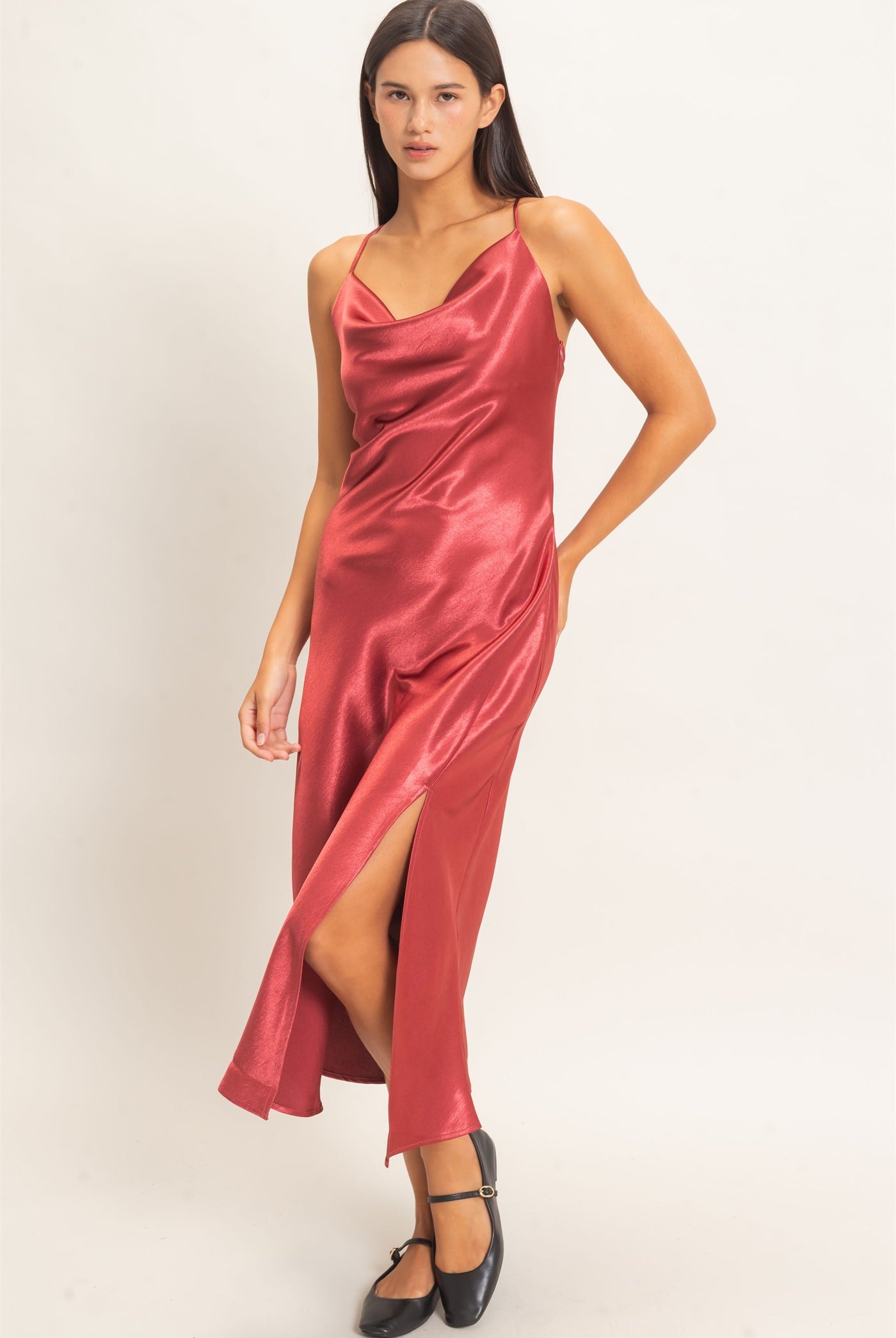 Wholesale Cowl Neck Satin Slip Dress Dresses DZ26E251 DARK RED DOUBLE ZERO