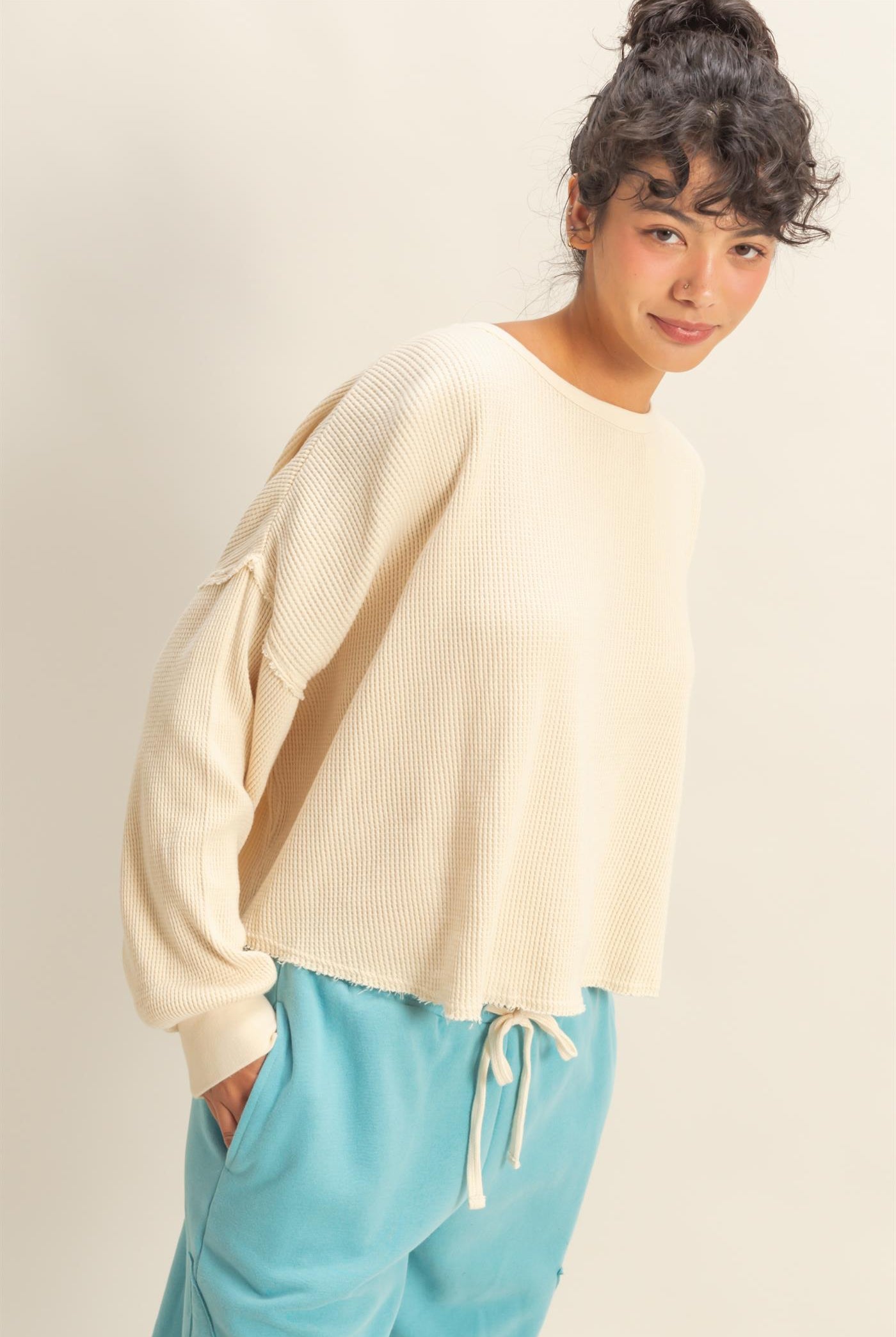 Wholesale Mineral Wash Waffle Oversized Top Clothing Tops DZ26E248 ALPACA DOUBLE ZERO