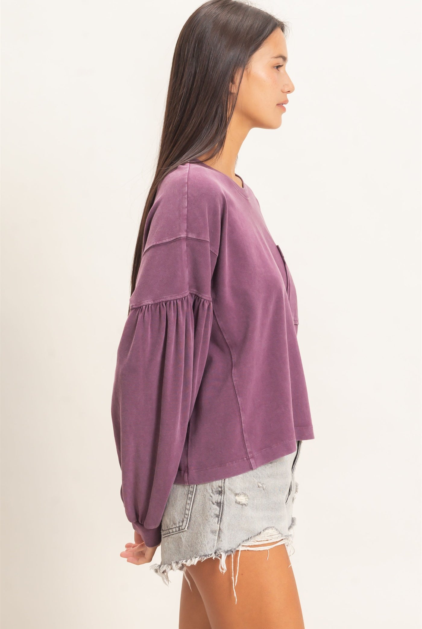 Wholesale Mineral Wash Puff Long Sleeve Boxy Top Clothing Tops DZ26F402 DARK CHERRY DOUBLE ZERO