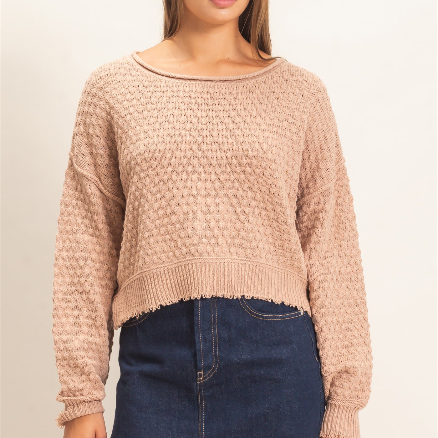 Wholesale Textured Boat Neck Sweater Sweaters DZ26E880 DARK TAUPE DOUBLE ZERO