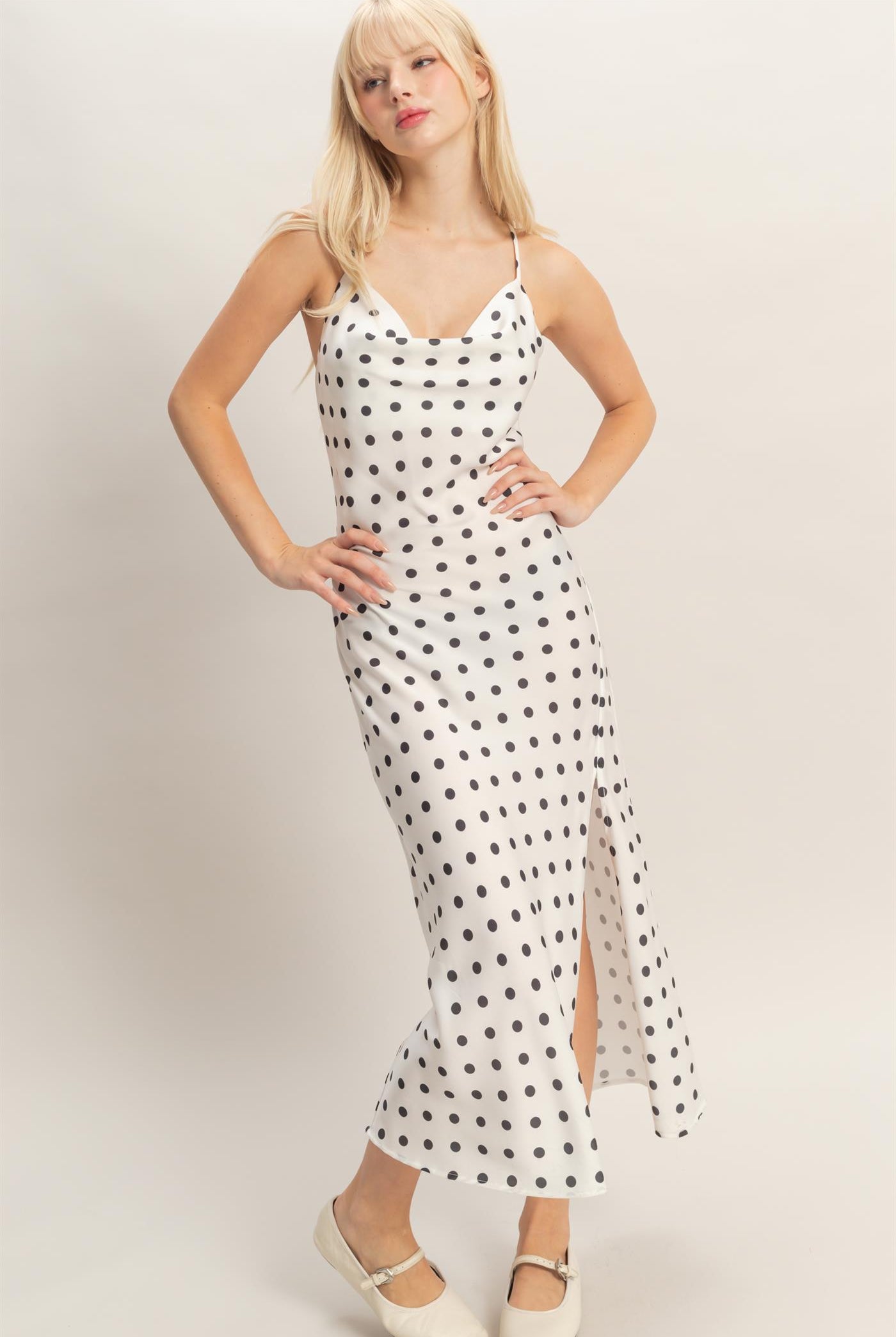 Wholesale Polka Dot Spaghetti Strap Cowl Neck Midi Dress Dresses DZ26C049 WHITE DOUBLE ZERO