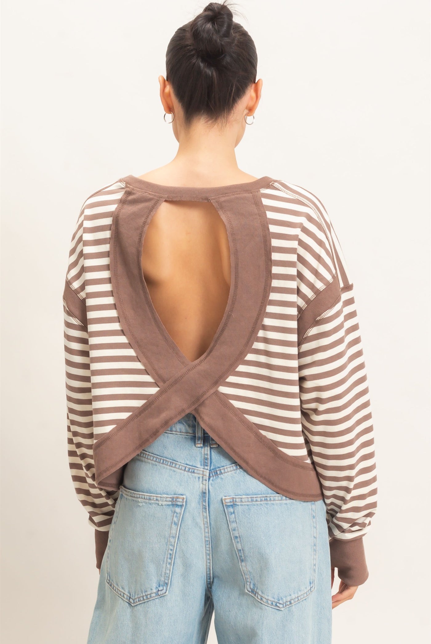 Wholesale Striped Long Sleeve Top Clothing Tops HF26C908-D MOCHA HYFVE