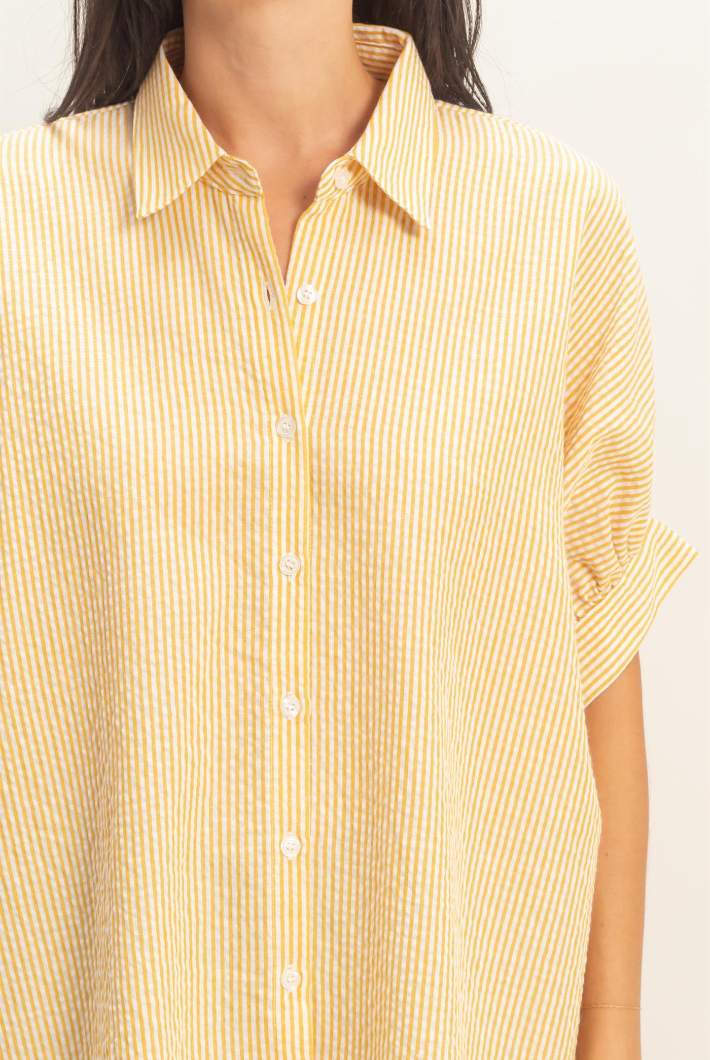 Wholesale Striped Short Sleeve Button-Front Blouse T-Shirts DZ26C276 YELLOW DOUBLE ZERO