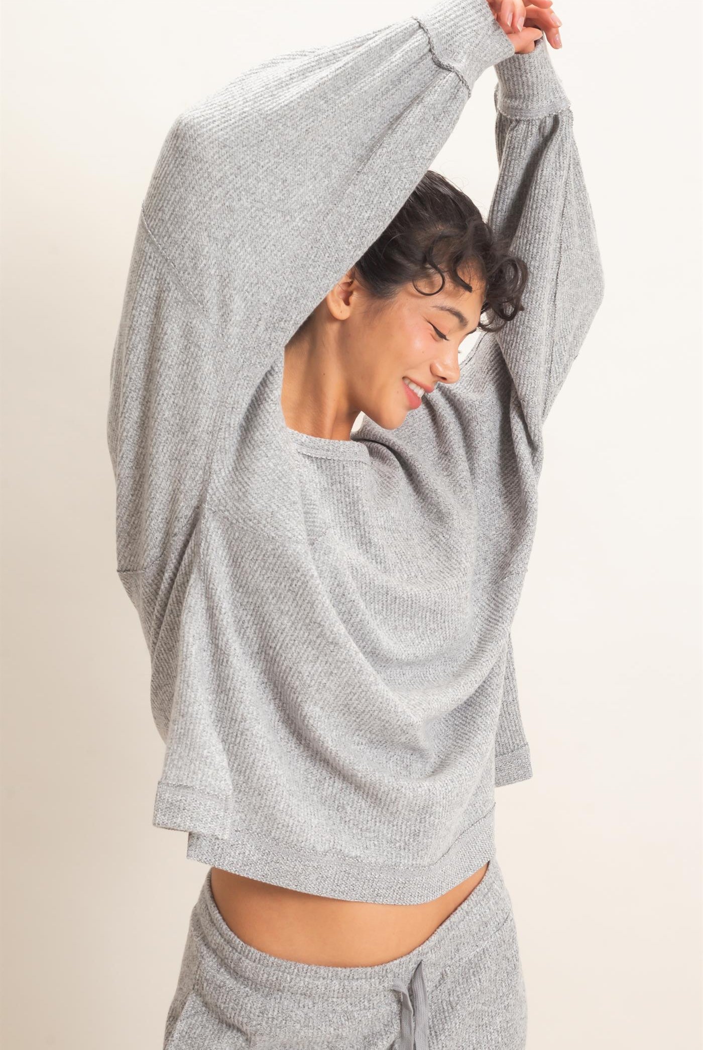 Wholesale Brushed Waffle Long Sleeve Top Clothing Tops DZ26F312 HEATHER GRAY DOUBLE ZERO