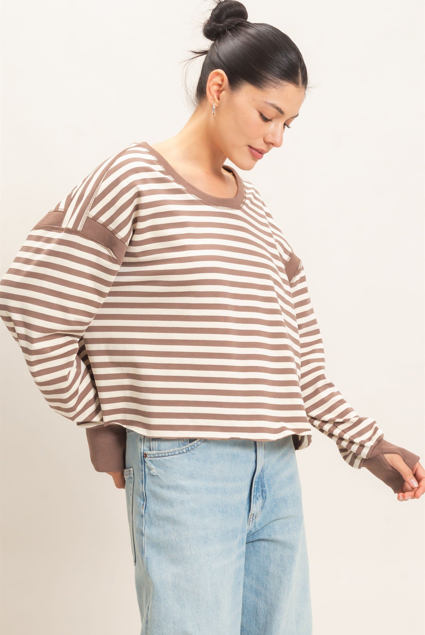Wholesale Striped Long Sleeve Top Clothing Tops HF26C908-D MOCHA HYFVE