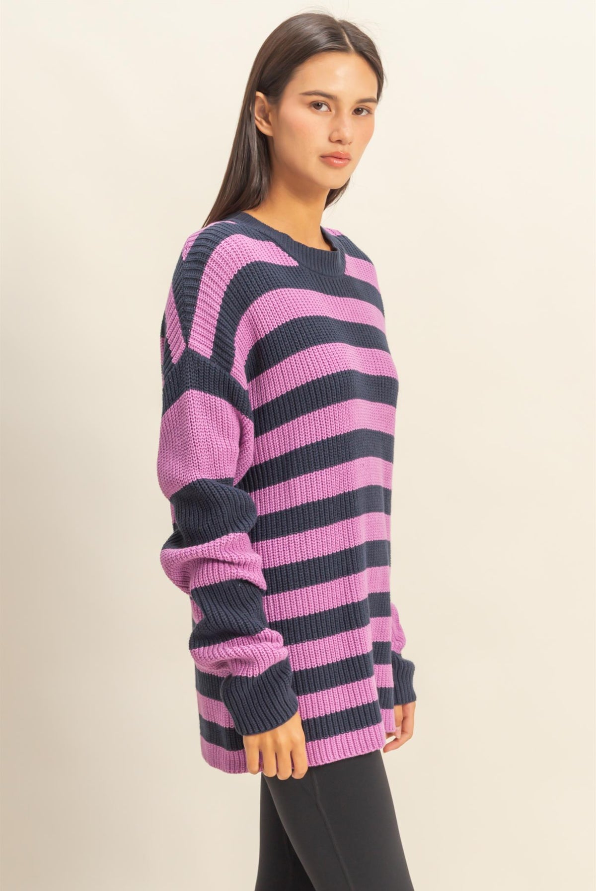 Wholesale Striped Long Sleeve Sweater Clothing Tops DZ23F071 NAVY / PURPLE DOUBLE ZERO