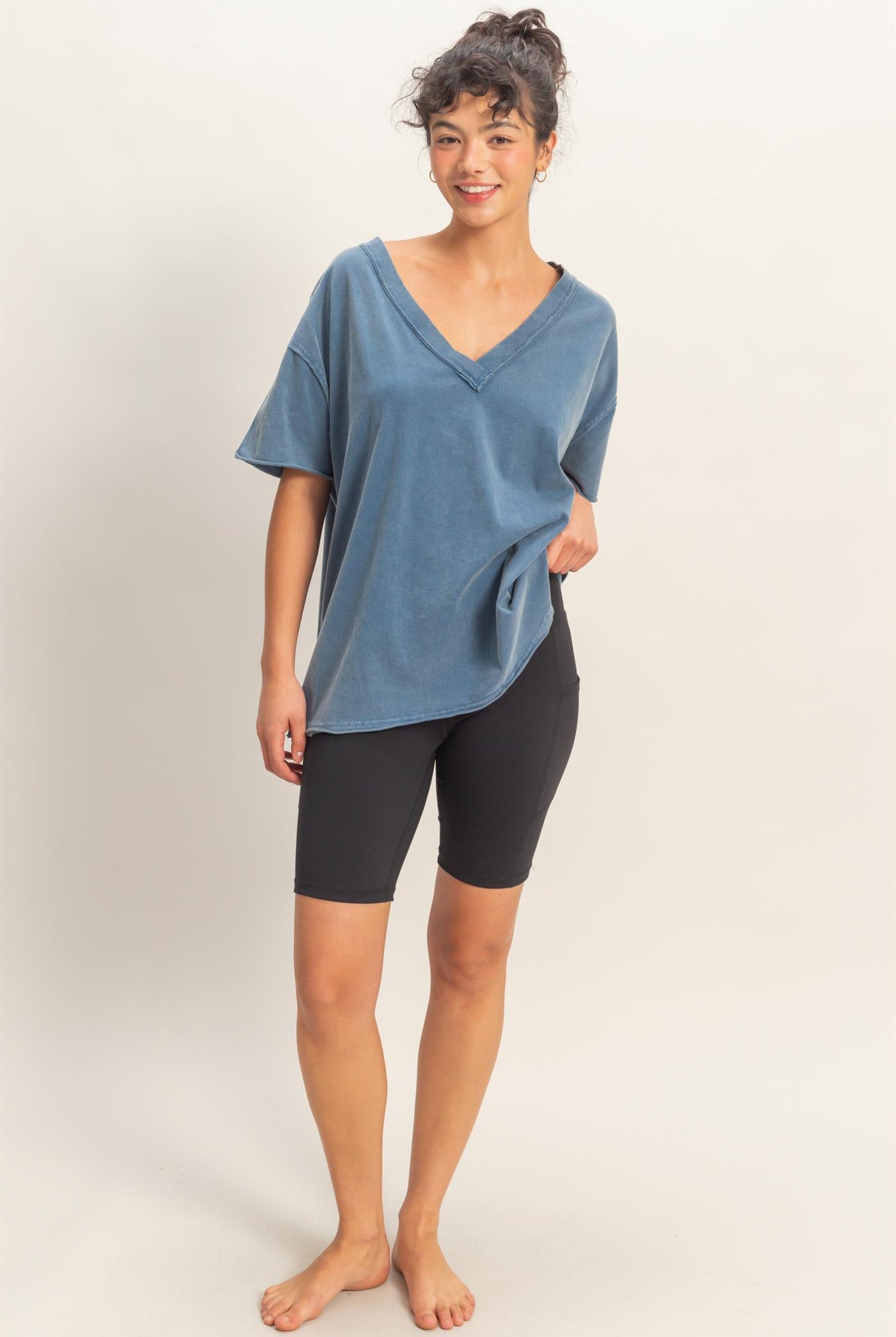 Wholesale Washed V-Neck Oversized Tee Clothing Tops DZ26A760 NAVY DOUBLE ZERO