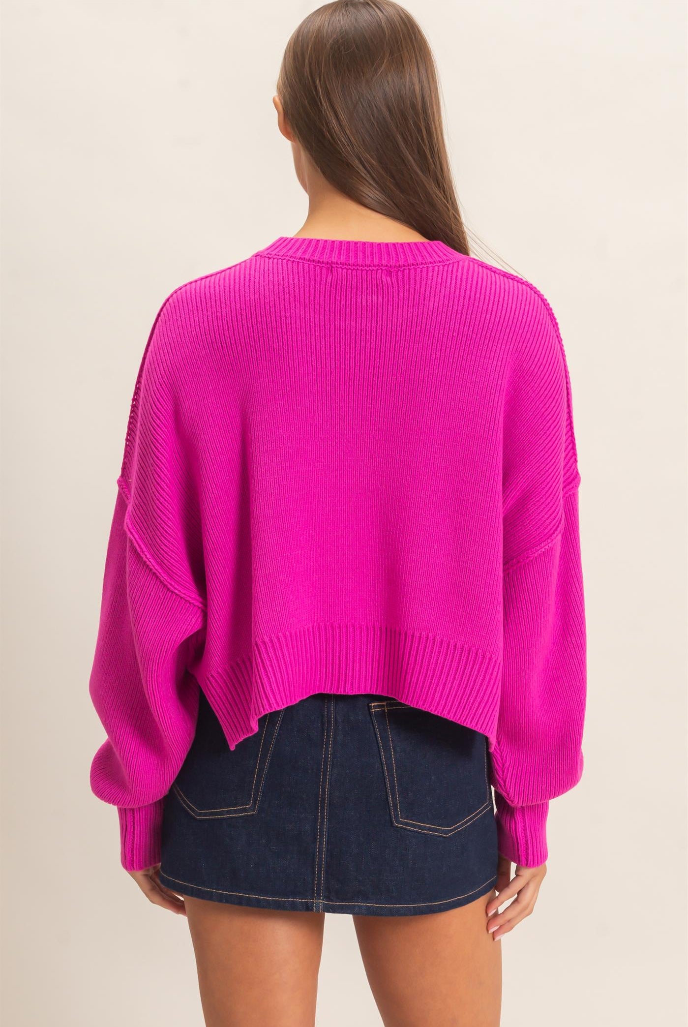 Wholesale Ribbed Drop Shoulder Sweater Sweaters DZ26C982 FUCHSIA DOUBLE ZERO