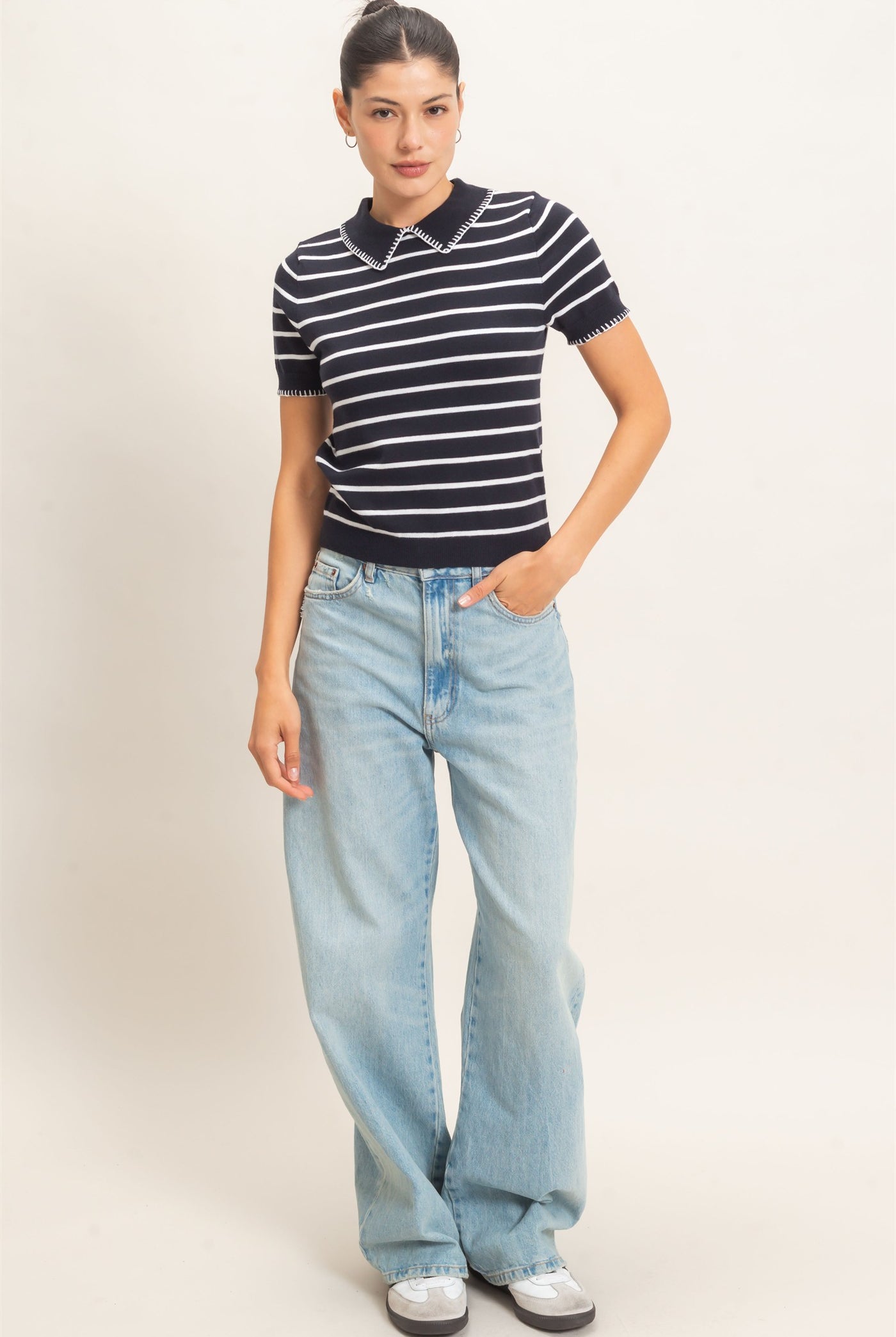 Wholesale Striped Polo Collar Sweater Sweaters HF26E233 NAVY HYFVE