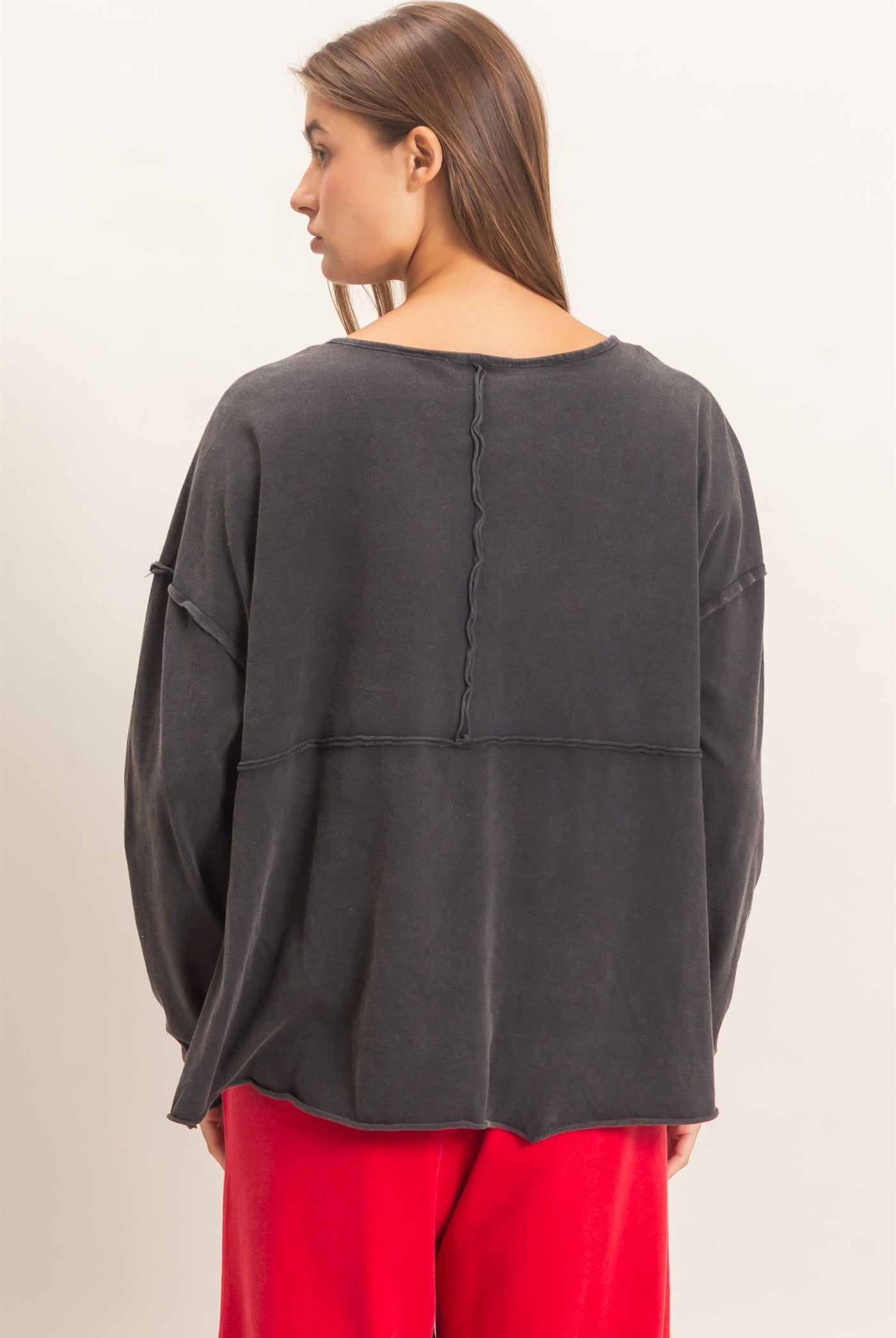 Wholesale Oversized Henley Top With Raw Edges Clothing Tops DZ26F128 BLACK DOUBLE ZERO