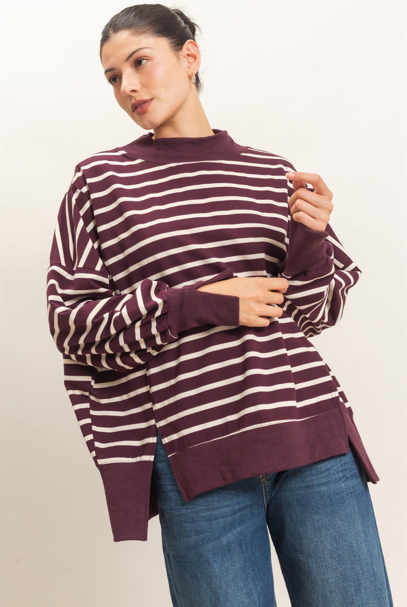 Wholesale Striped Mock Neck Sweatshirt Sweatshirts HF27A178-D RASPBERRY/ECRU HYFVE