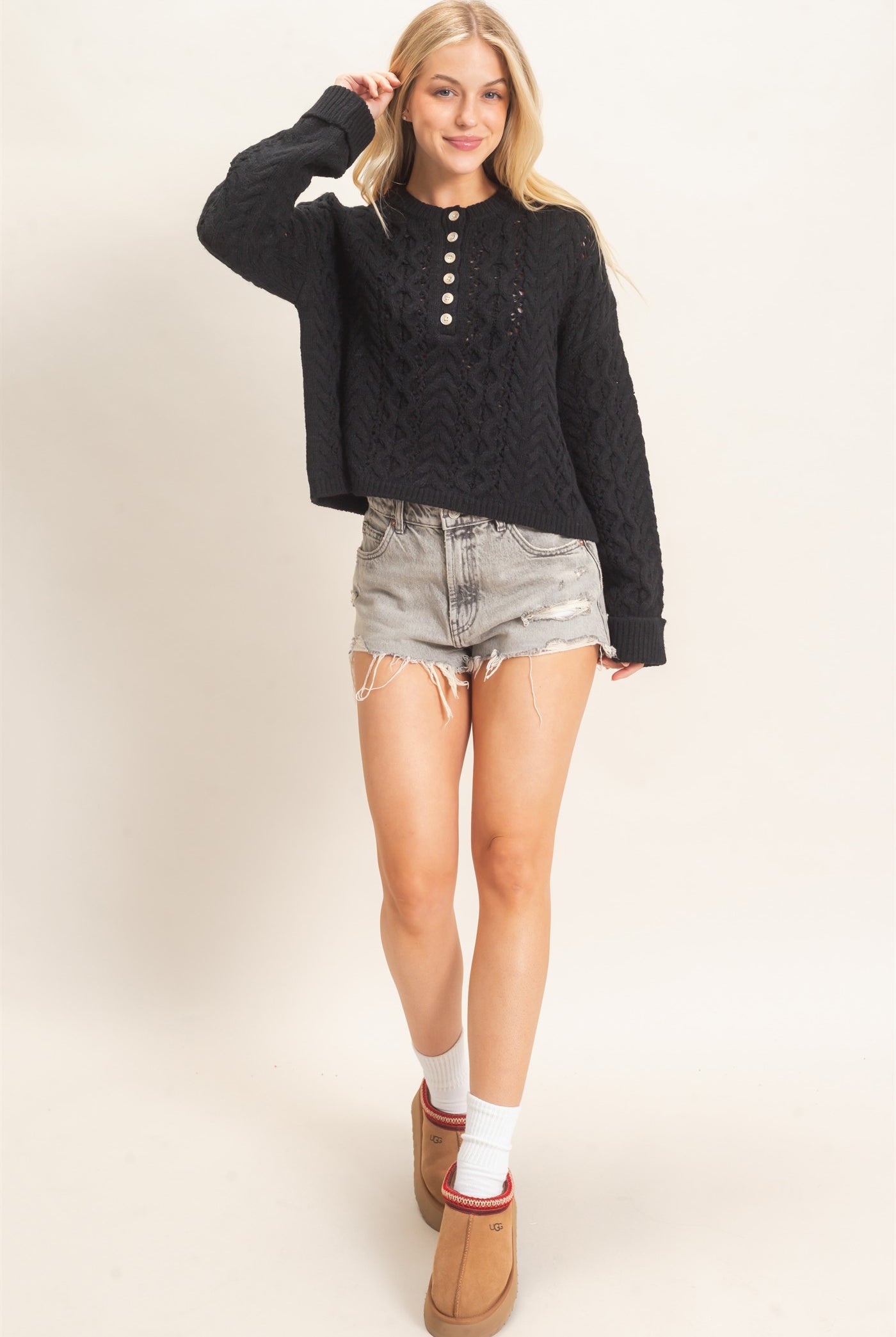 Wholesale Cable Knit Henley Sweaters HF26E552 BLACK HYFVE