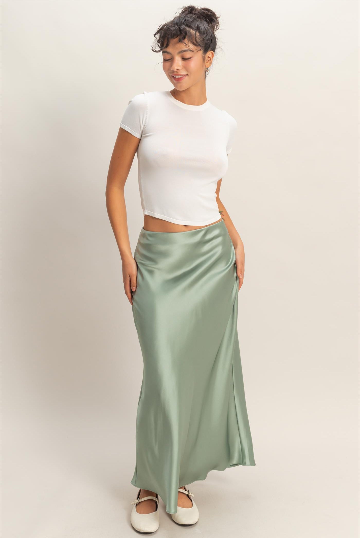 Wholesale Satin Maxi Skirt Skirts DZ26E274 SAGE GREEN DOUBLE ZERO