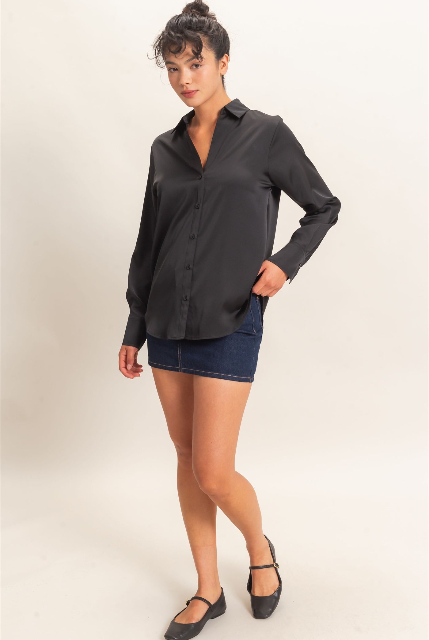 Wholesale Satin Button-Down Shirts Shirts DZ26E265 BLACK DOUBLE ZERO