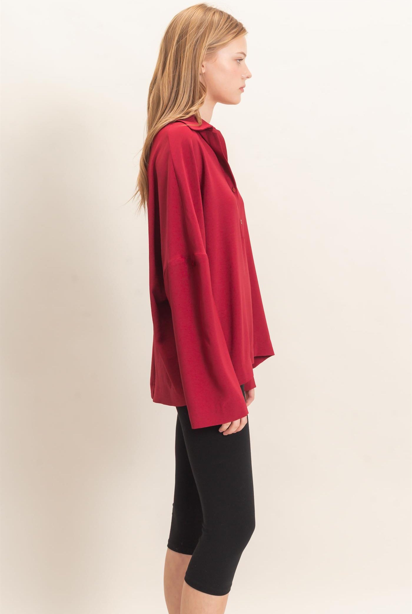 Wholesale Buttoned Collar Split Sleeve Top Clothing Tops HF26F071 BURGUNDY HYFVE
