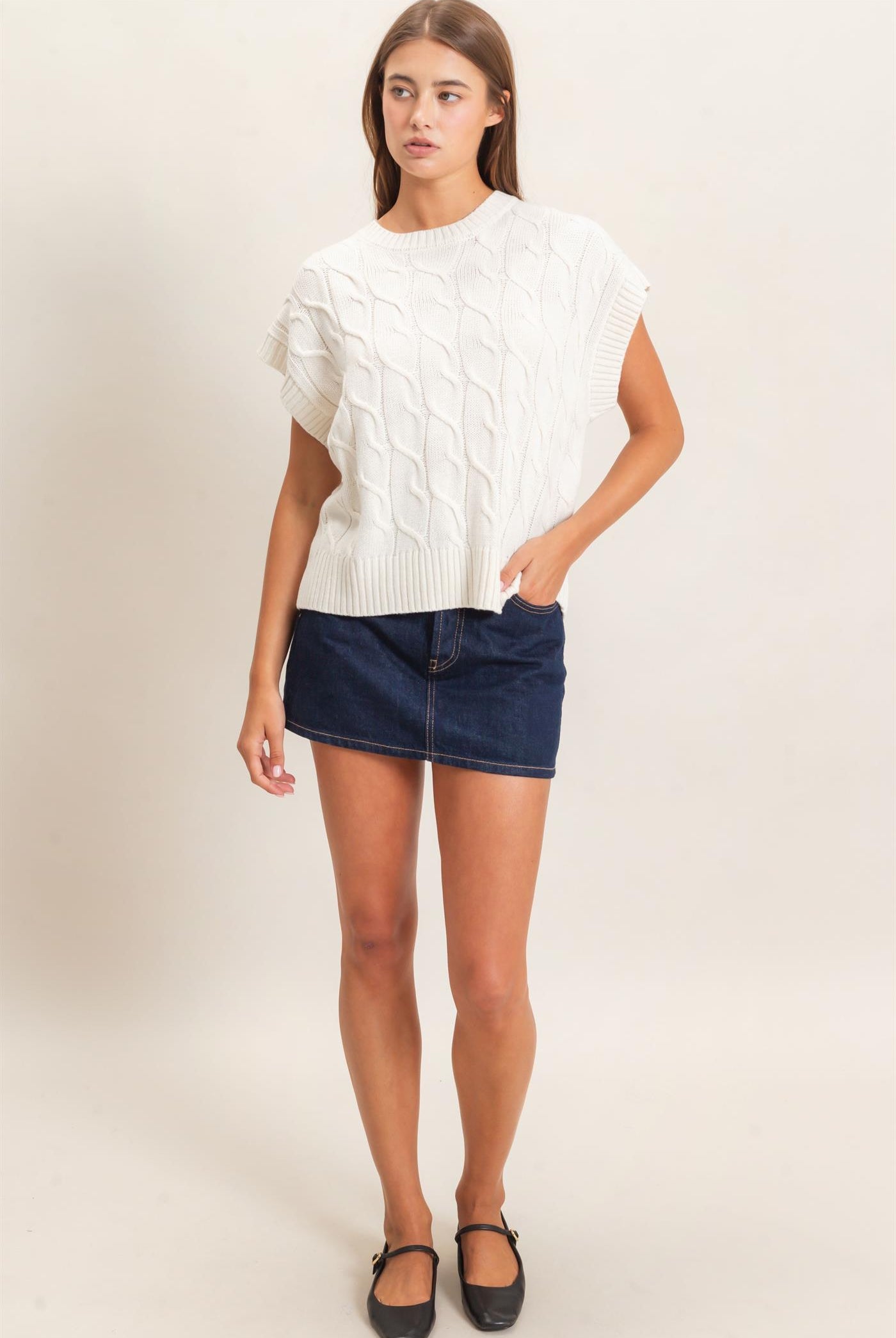 Wholesale Cable Knit Cap Sleeve Sweater Sweaters DZ26C974 CREAM DOUBLE ZERO