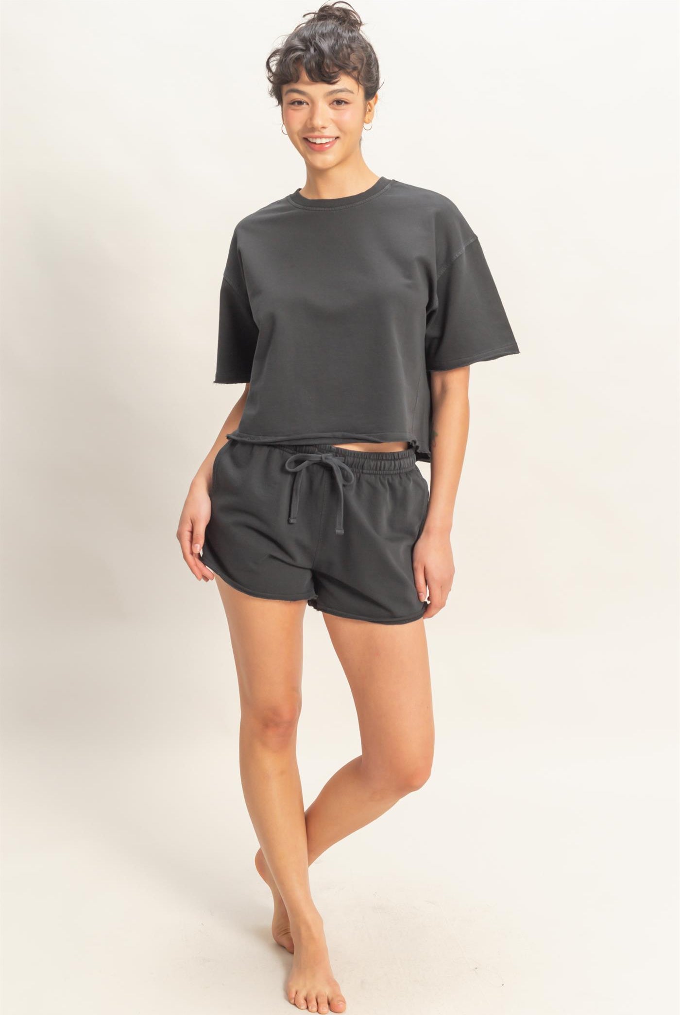 Wholesale Short Sleeve Crew Neck Top And Shorts Set Clothing DZ26C668-SET BLACK DOUBLE ZERO