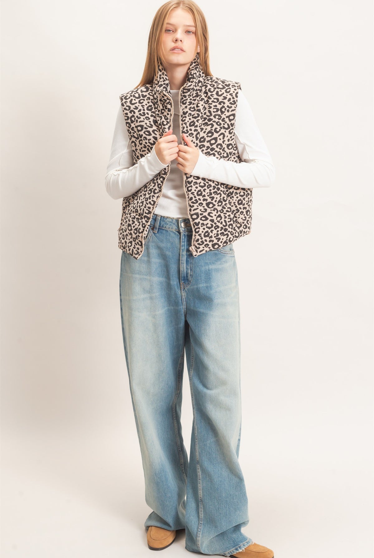 Wholesale Leopard Quilted Zip Up Puffer Vest Outerwear HF26F205 KHAKI HYFVE