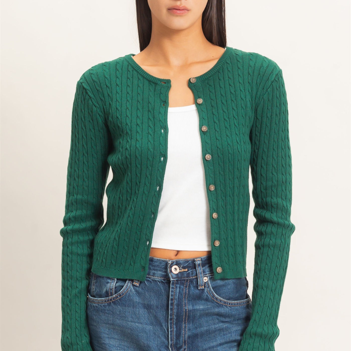Wholesale Cable Knit Cardigan Cardigans DZ26E256 DARK GREEN DOUBLE ZERO